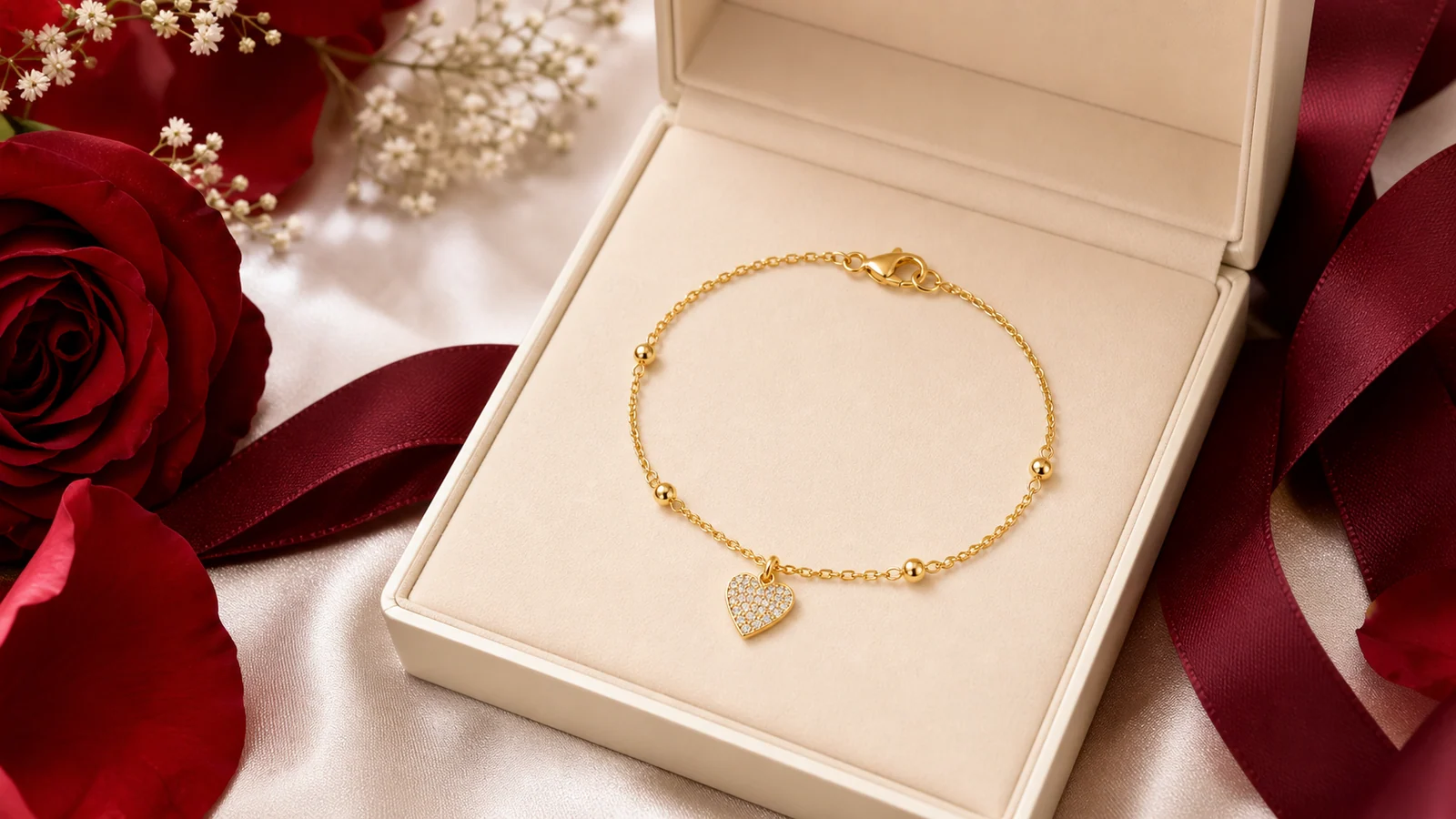 Gold-tone Delicate Heart Moissanite Chain Bracelet presented in a gift box