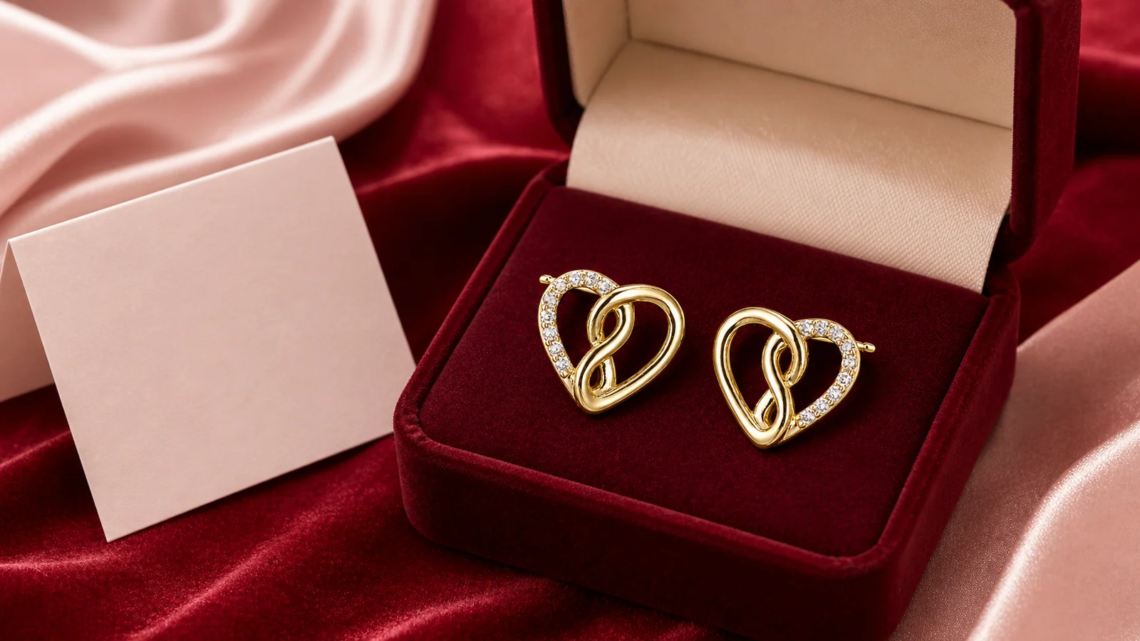 Gold-tone Double-Heart Moissanite Stud Earrings in a Valentine's Day gift setting