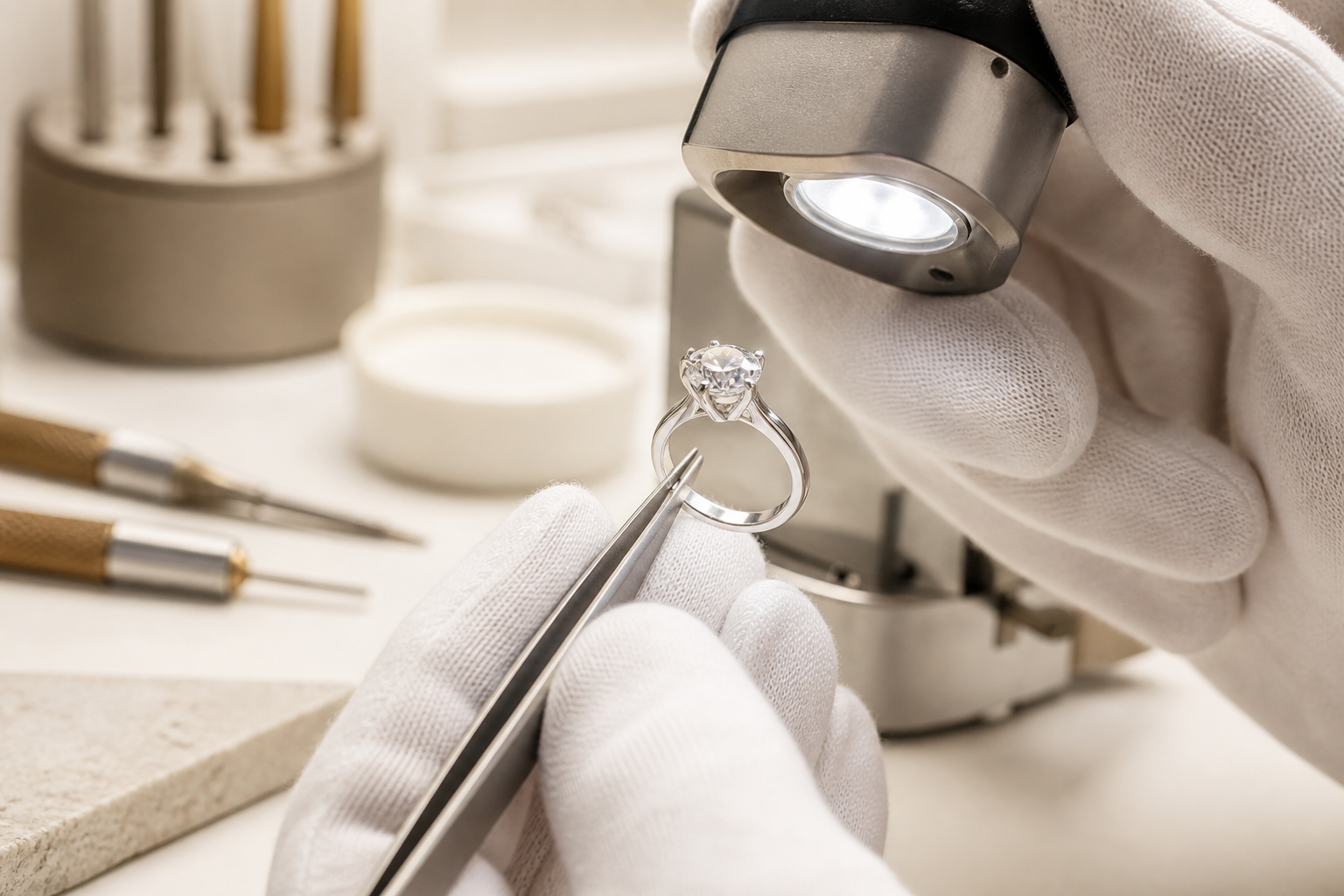 Quality inspection of a moissanite ring at Sunshine Jewelry