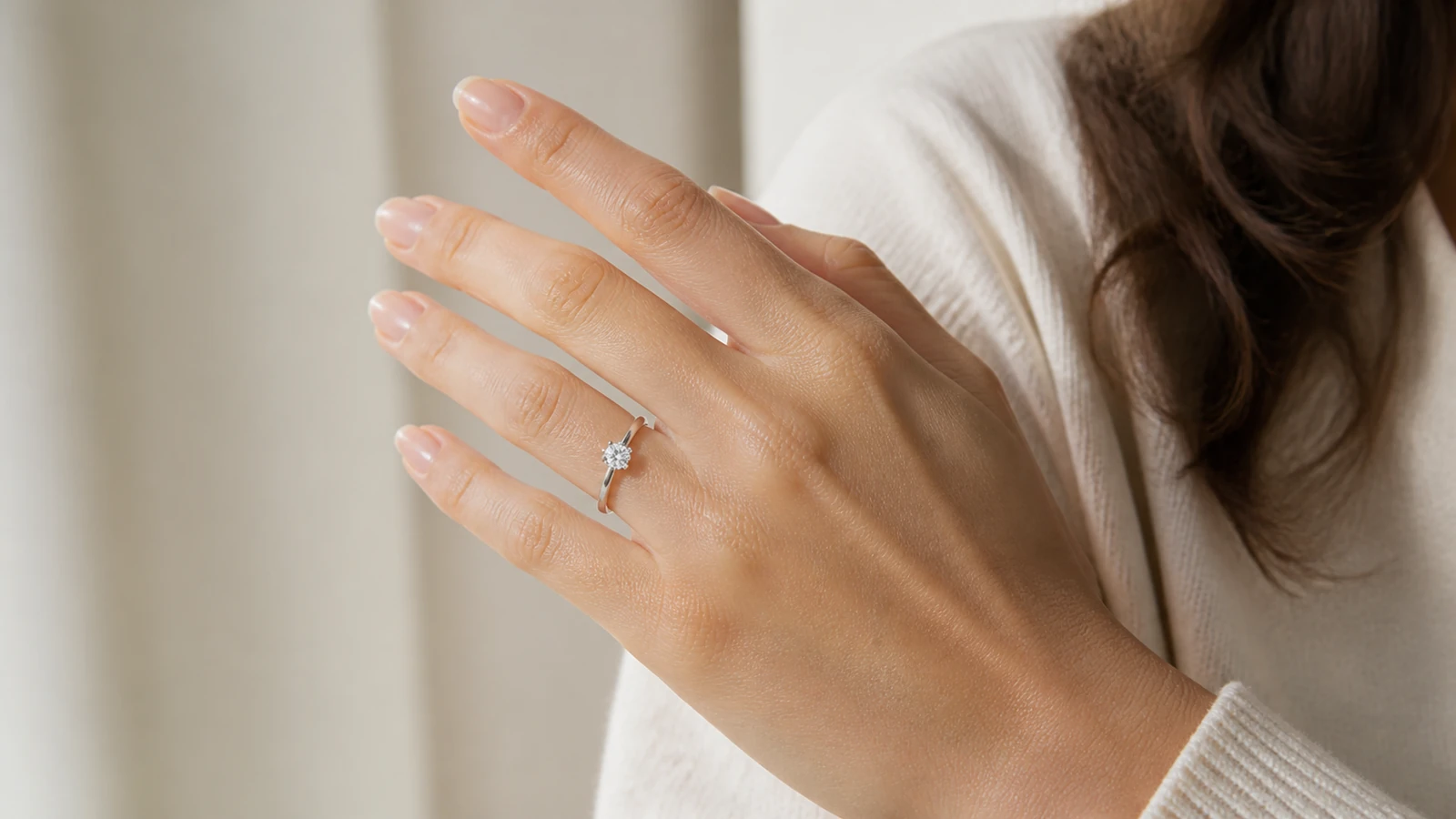 Generic solitaire moissanite ring viewed naturally on a hand at normal jewelry viewing distance