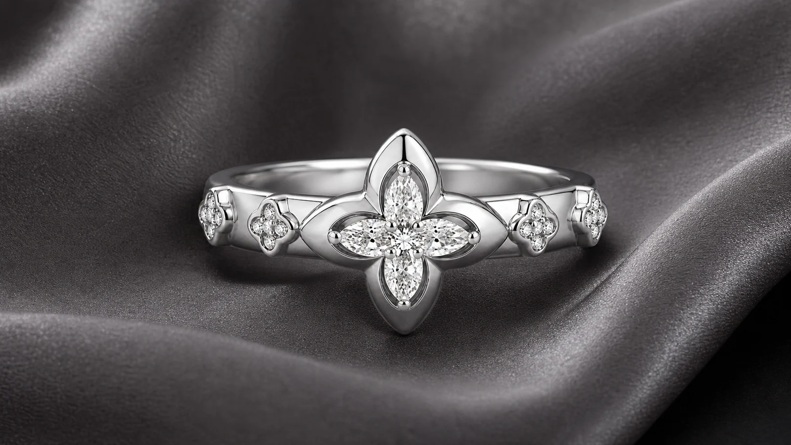 Floral marquise stackable moissanite ring with a prominent central motif