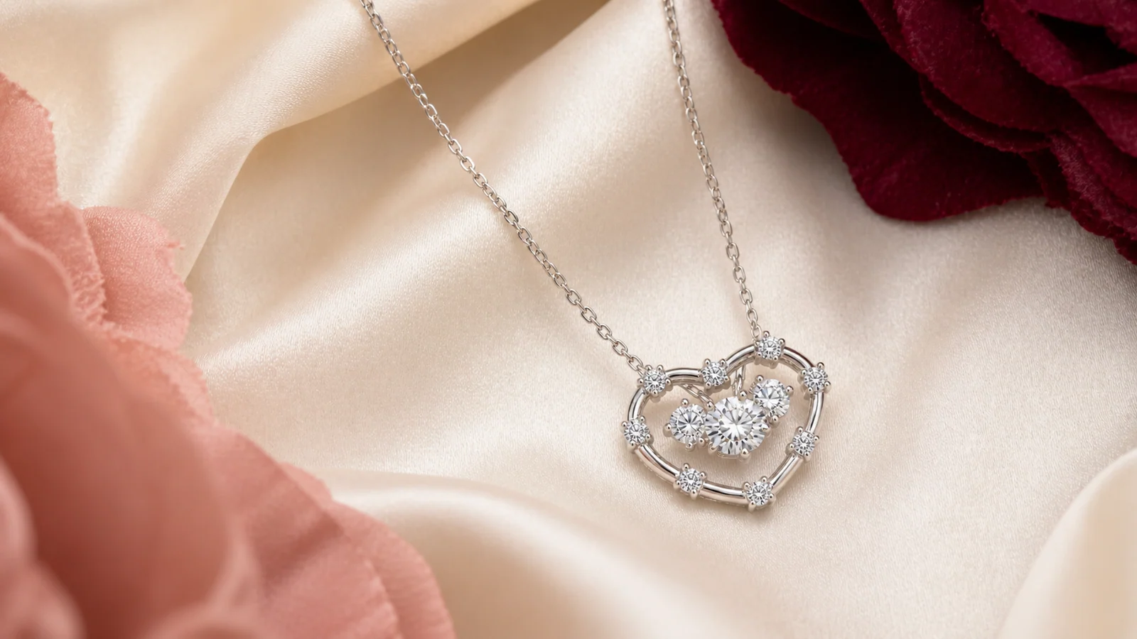 Silver-tone Heart Halo Moissanite Pendant Necklace arranged on ivory silk