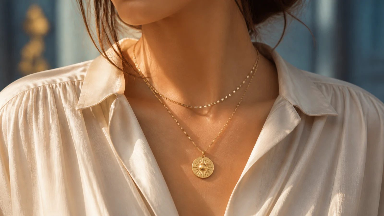 Woman layering a gold sun disc pendant below a simple shorter chain