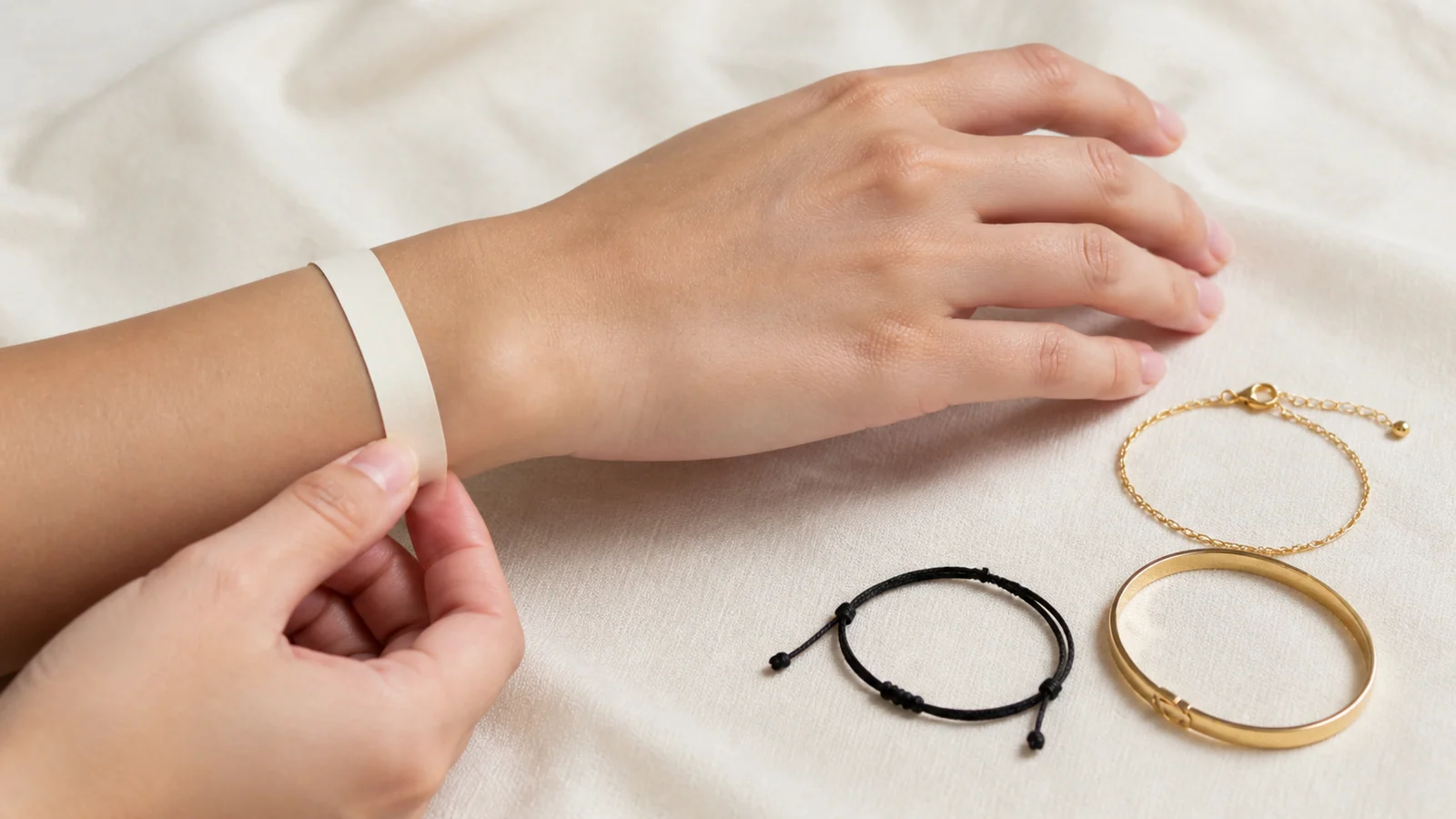 Wrist measured with a soft tape beside chain, bangle and cord bracelet styles