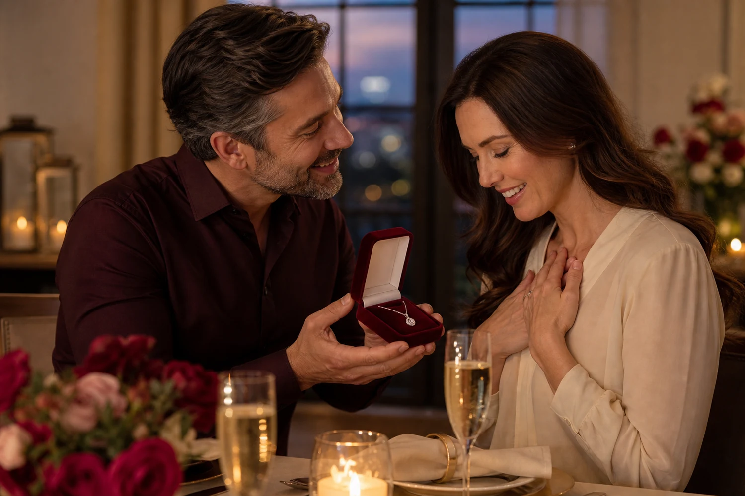 Husband giving his wife an elegant jewelry gift during a warm anniversary moment