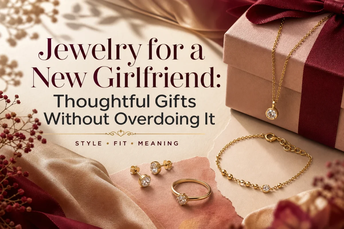 Jewelry for a new girlfriend guide with pendant, earrings, bracelet, ring, and gift box