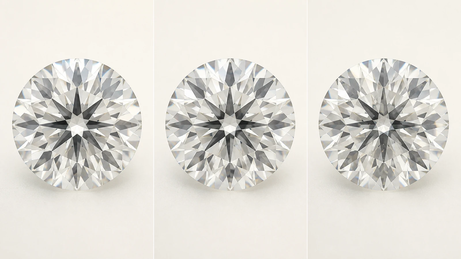Conceptual three-panel comparison of colorless moissanite with different visible clarity characteristics
