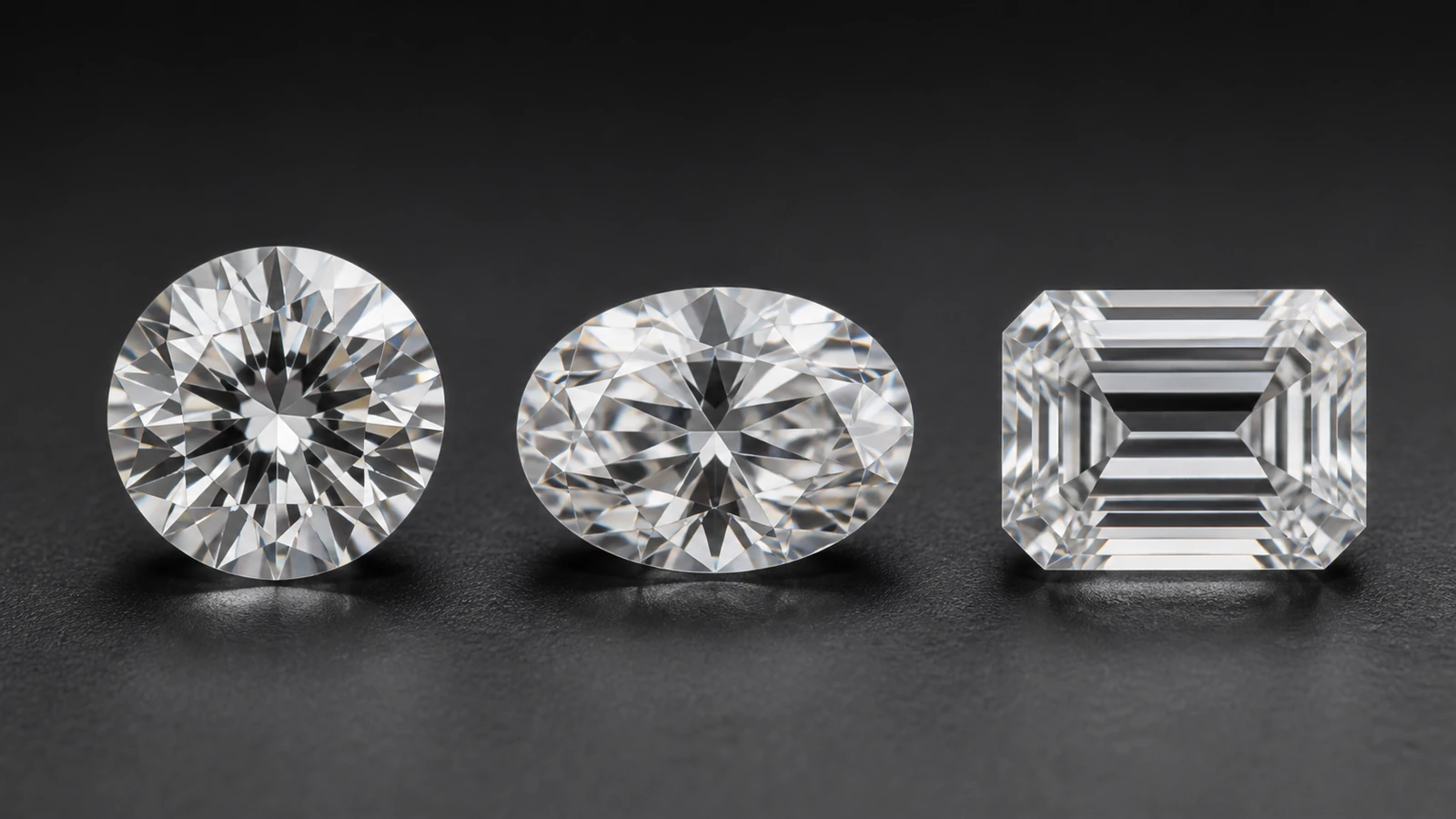 Round, oval, and emerald-cut colorless moissanite showing different facet patterns and light return