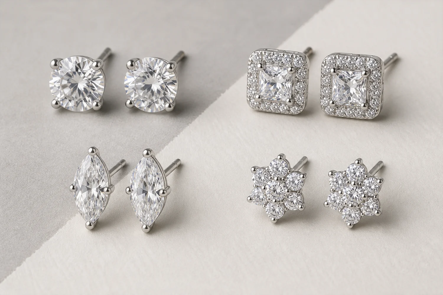Round solitaire, square halo, marquise and floral moissanite stud earring styles