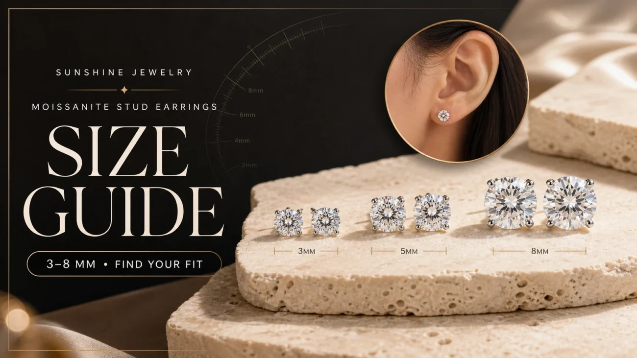 Moissanite Stud Earrings Size Guide comparing 3 mm, 5 mm and 8 mm stud earrings