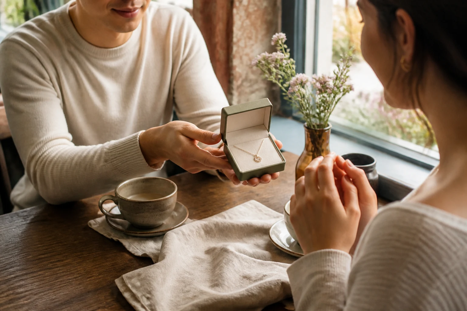 Couple exchanging a delicate necklace gift in a relaxed café setting