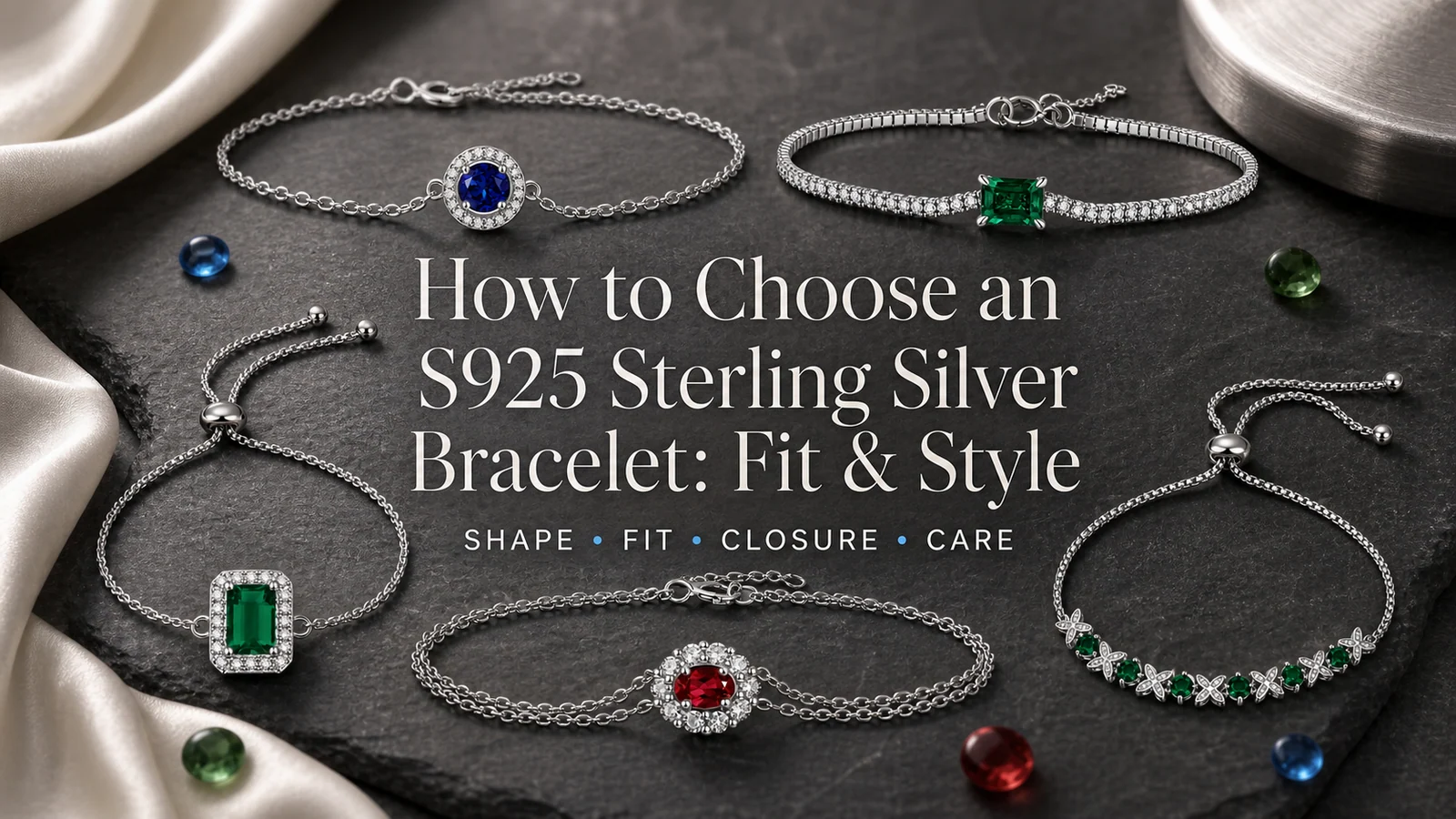 Five Sunshine Jewelry S925 sterling silver bracelets compared by centerpiece shape, color and closure style