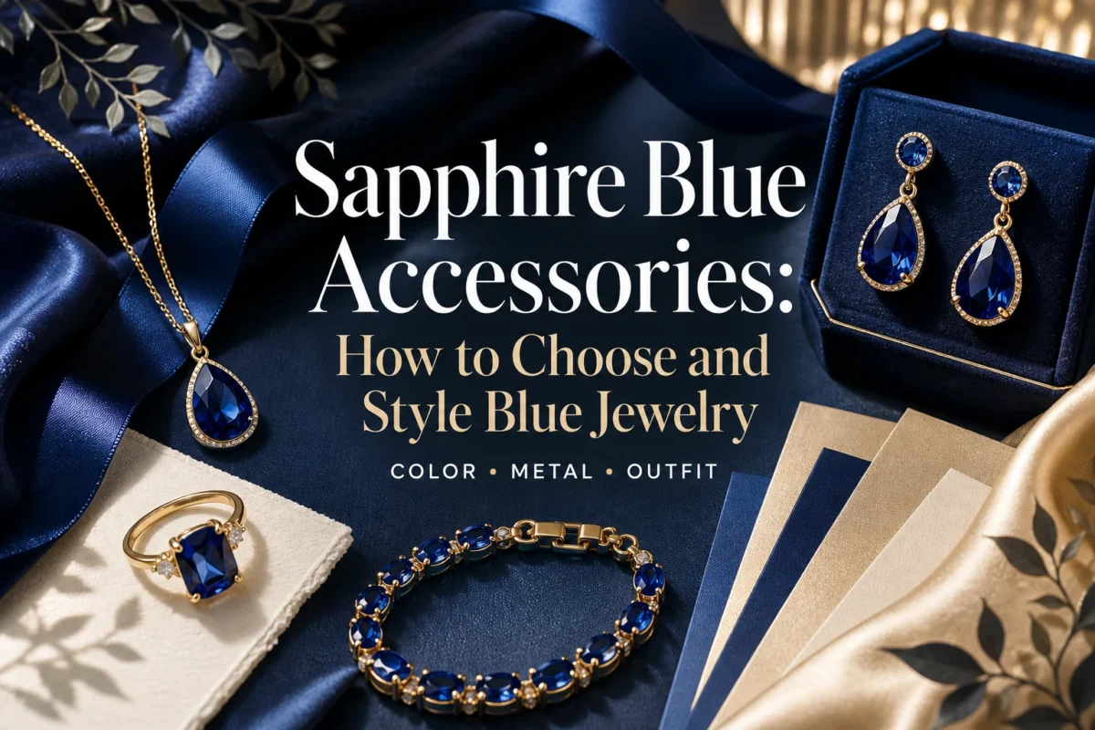 Sapphire blue accessories guide featuring blue earrings, pendant, ring, bracelet, and styling swatches