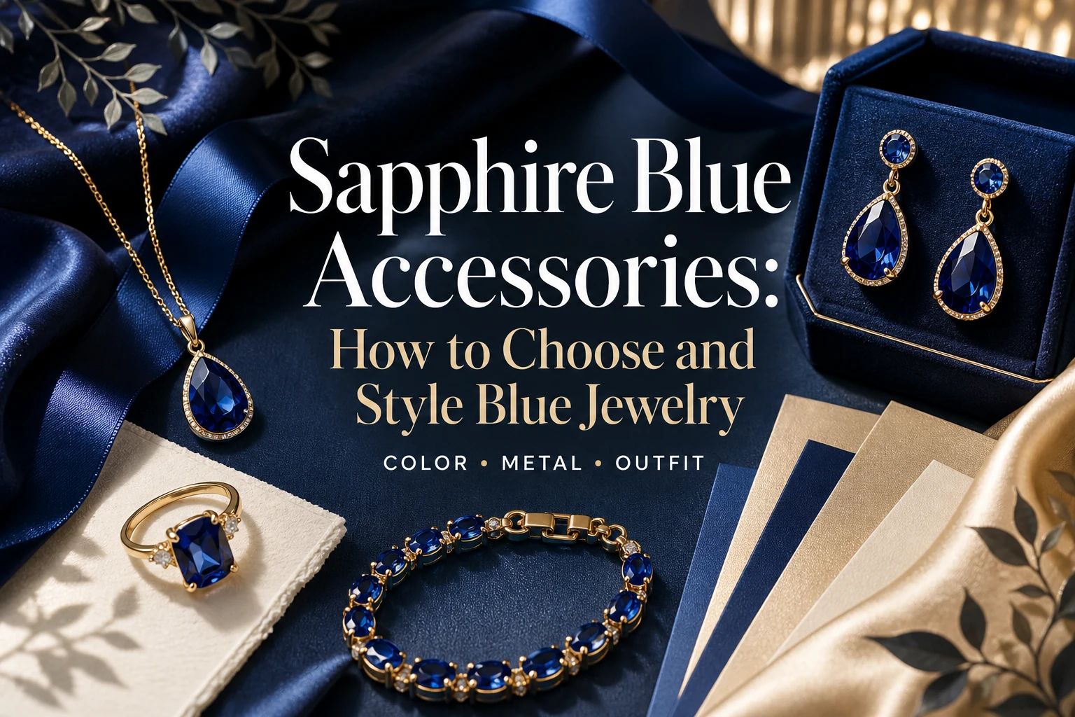 Sapphire blue accessories guide featuring blue earrings, pendant, ring, bracelet, and styling swatches
