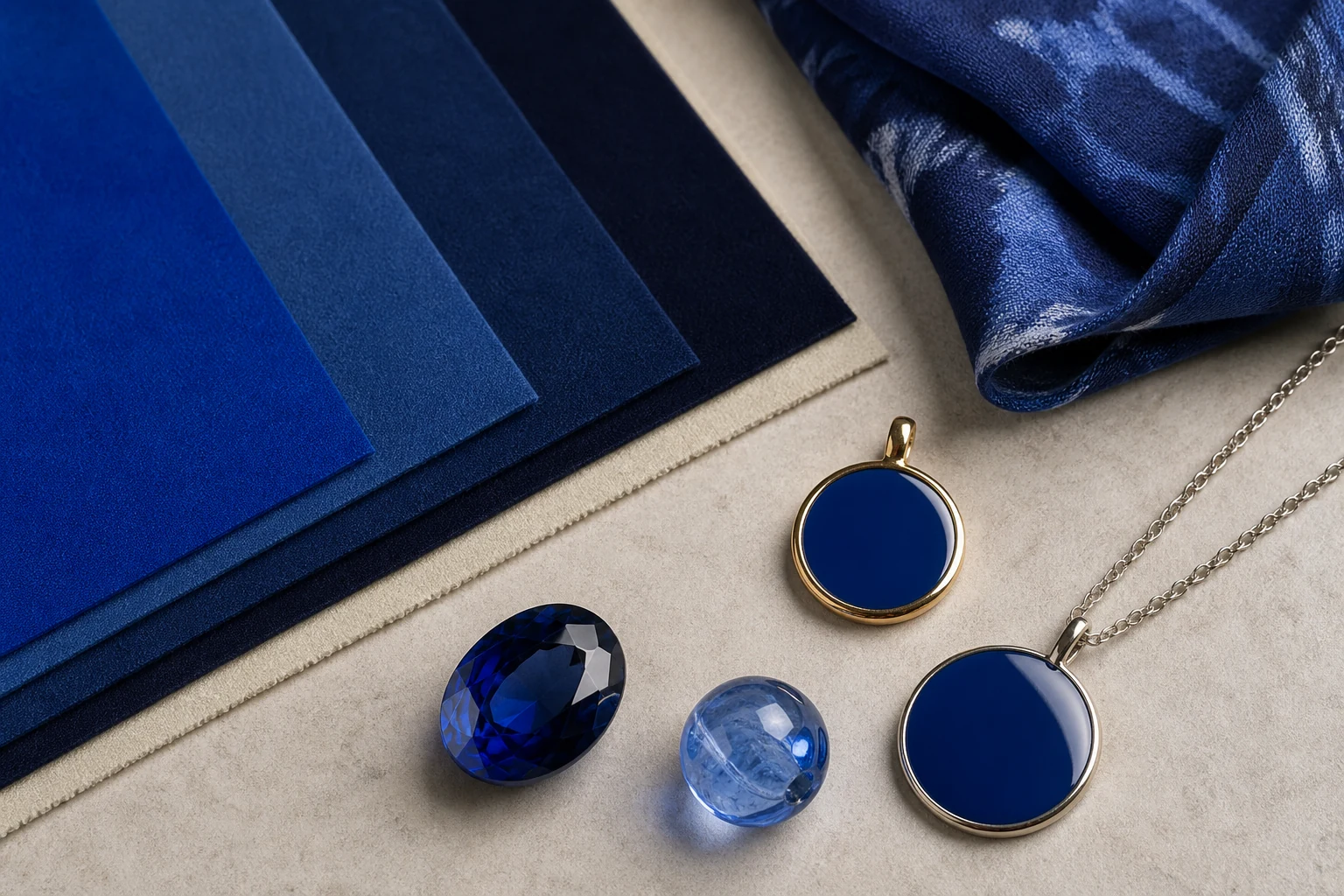 Royal blue to deep blue color swatches beside varied blue accessory materials