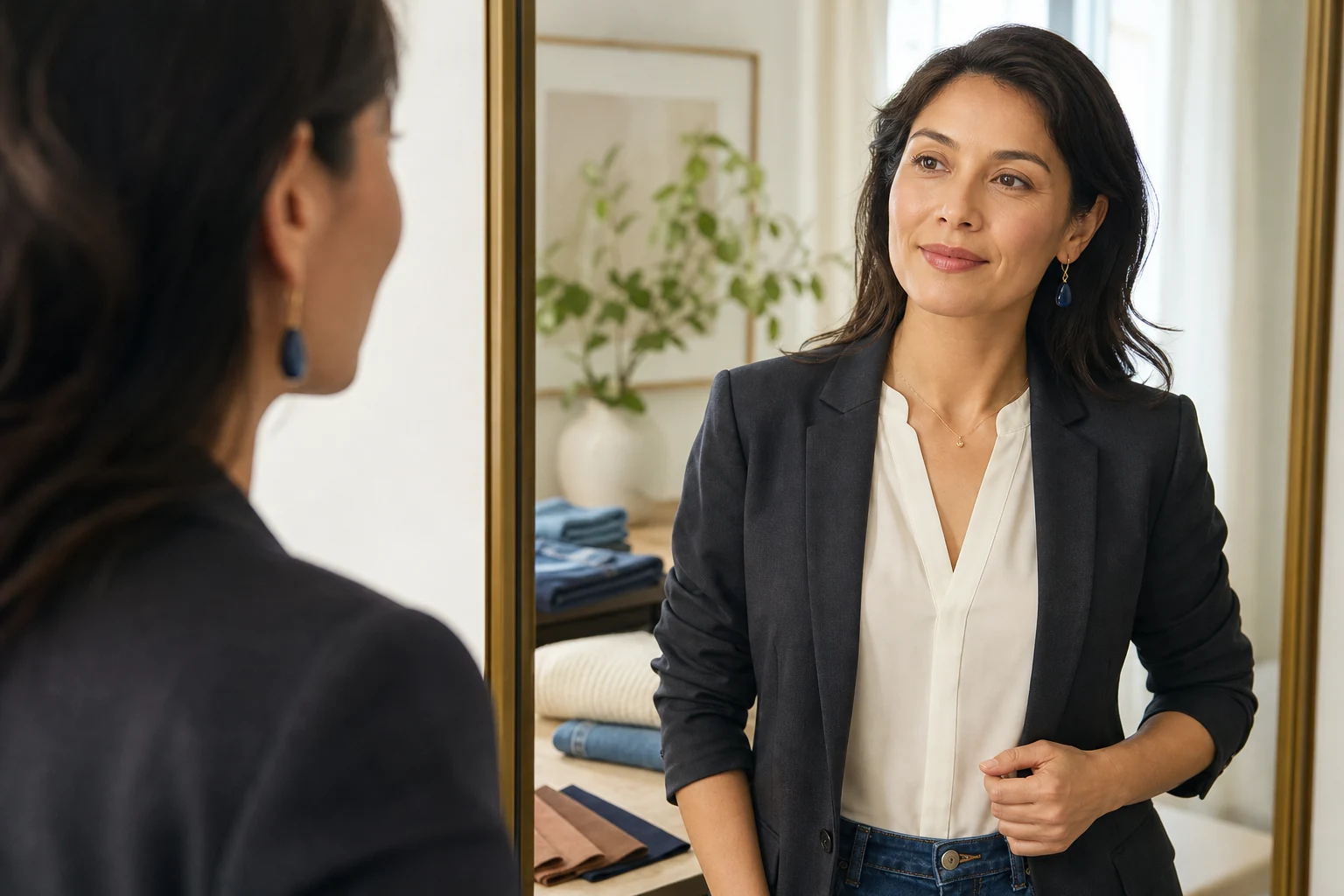 Woman styling blue drop earrings with a neutral blouse, dark blazer, and denim