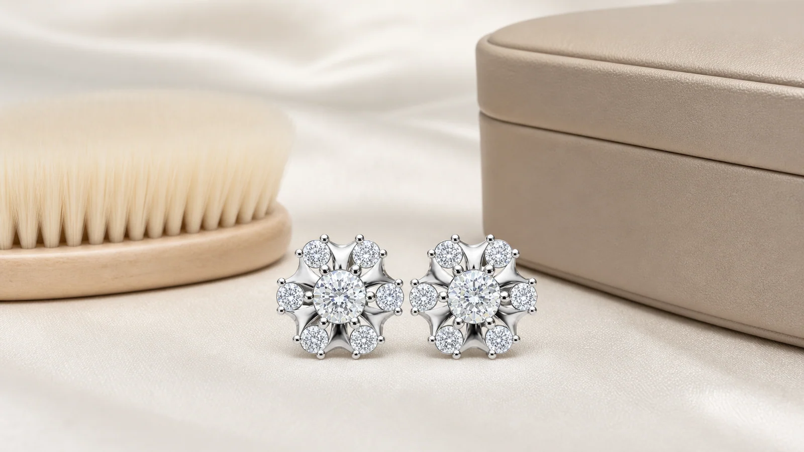 Sunburst Halo Moissanite Stud Earrings beside a soft brush, cloth and storage box