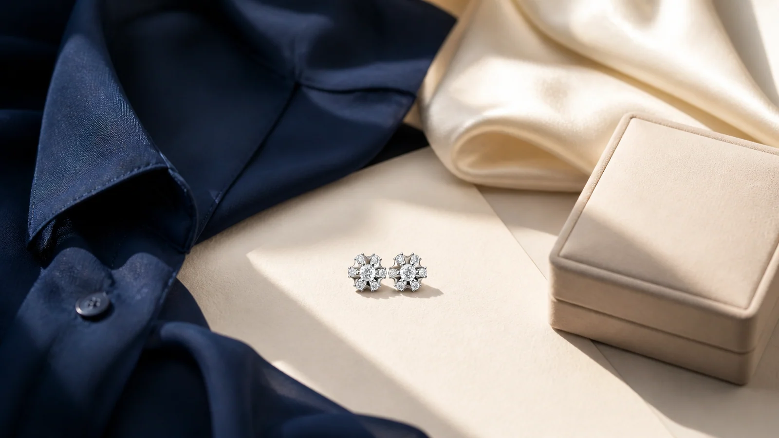 Sunburst Halo Moissanite Stud Earrings styled with a deep blue blouse and cream silk