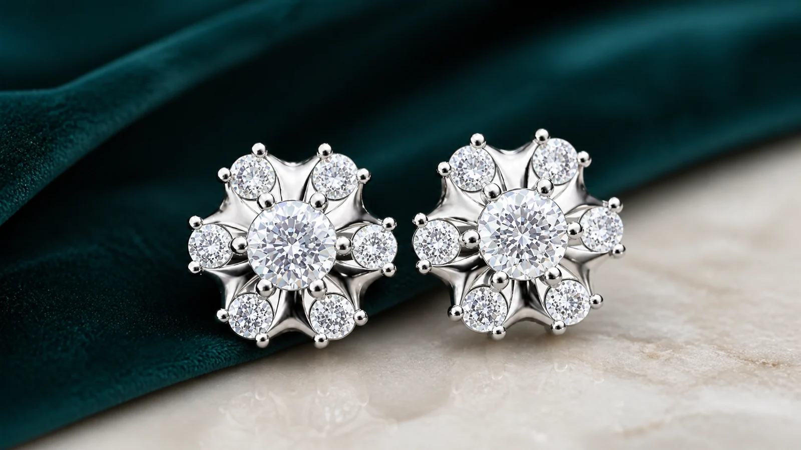 Macro view of Sunburst Halo Moissanite Stud Earrings with one center and six halo stones