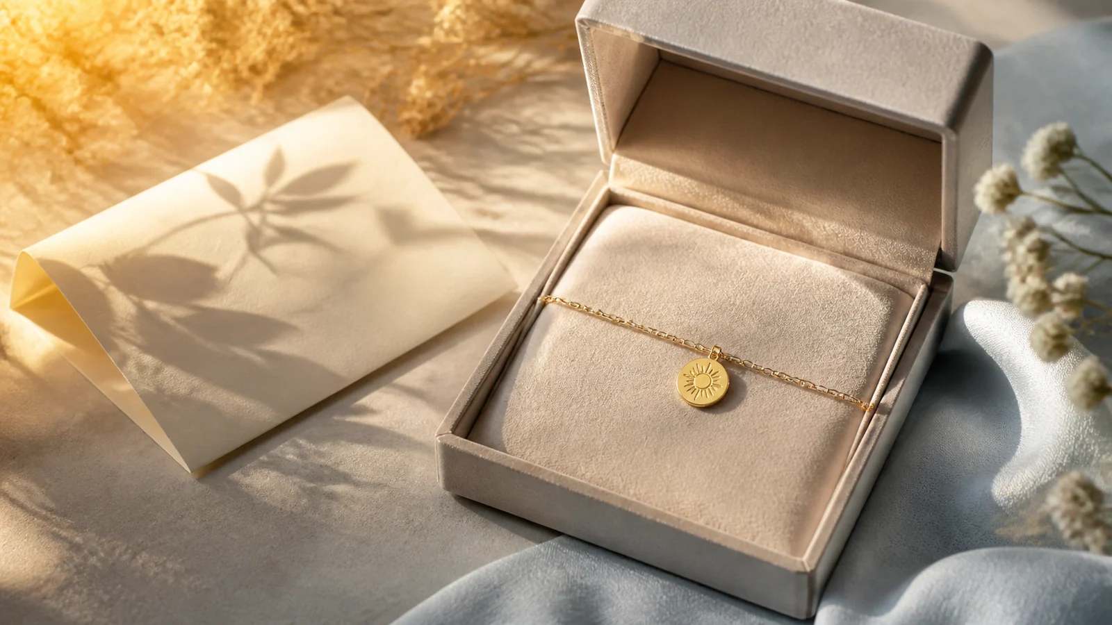 Gold sunshine charm bracelet in an open jewelry box in warm sunrise light