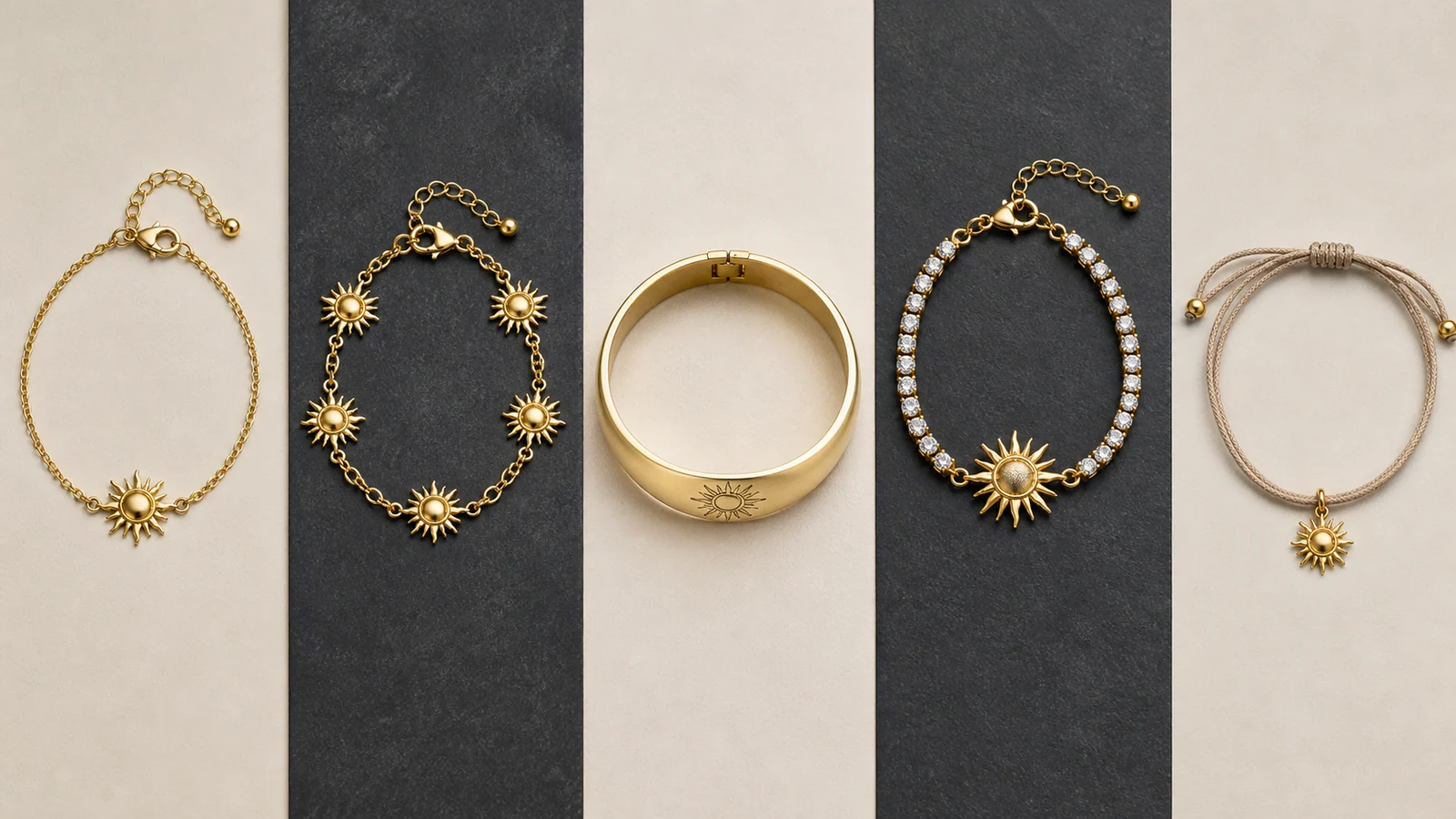 Five sunshine bracelet styles including charm chain, station, bangle, half-tennis and cord designs