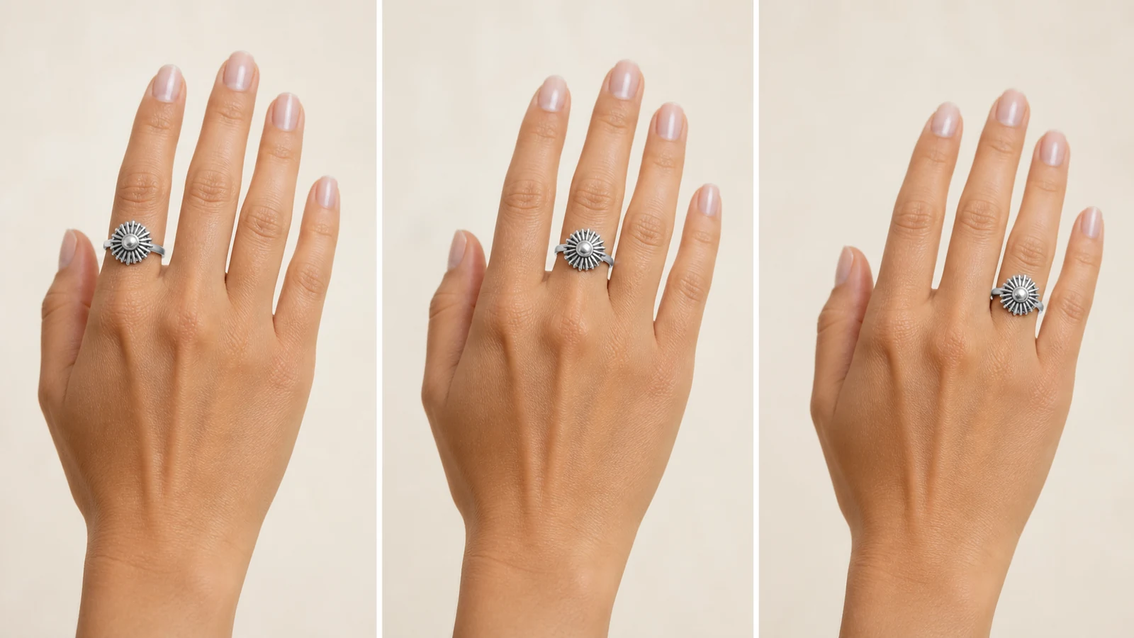 Same generic sunburst ring shown on index middle and ring fingers