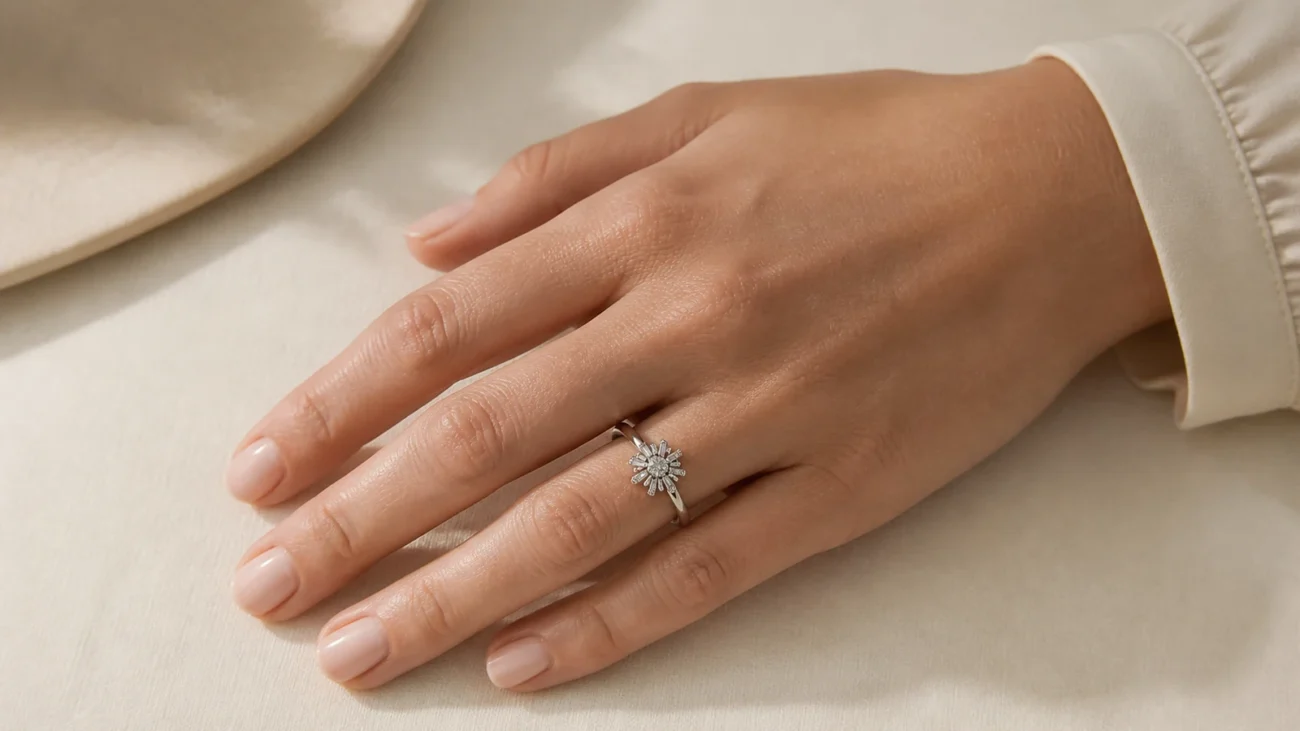 Woman wearing a generic silver-tone sunburst ring at realistic hand scale