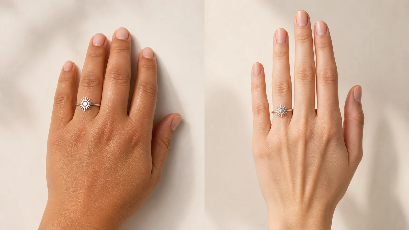Generic sunshine rings shown on shorter broader and longer narrower fingers