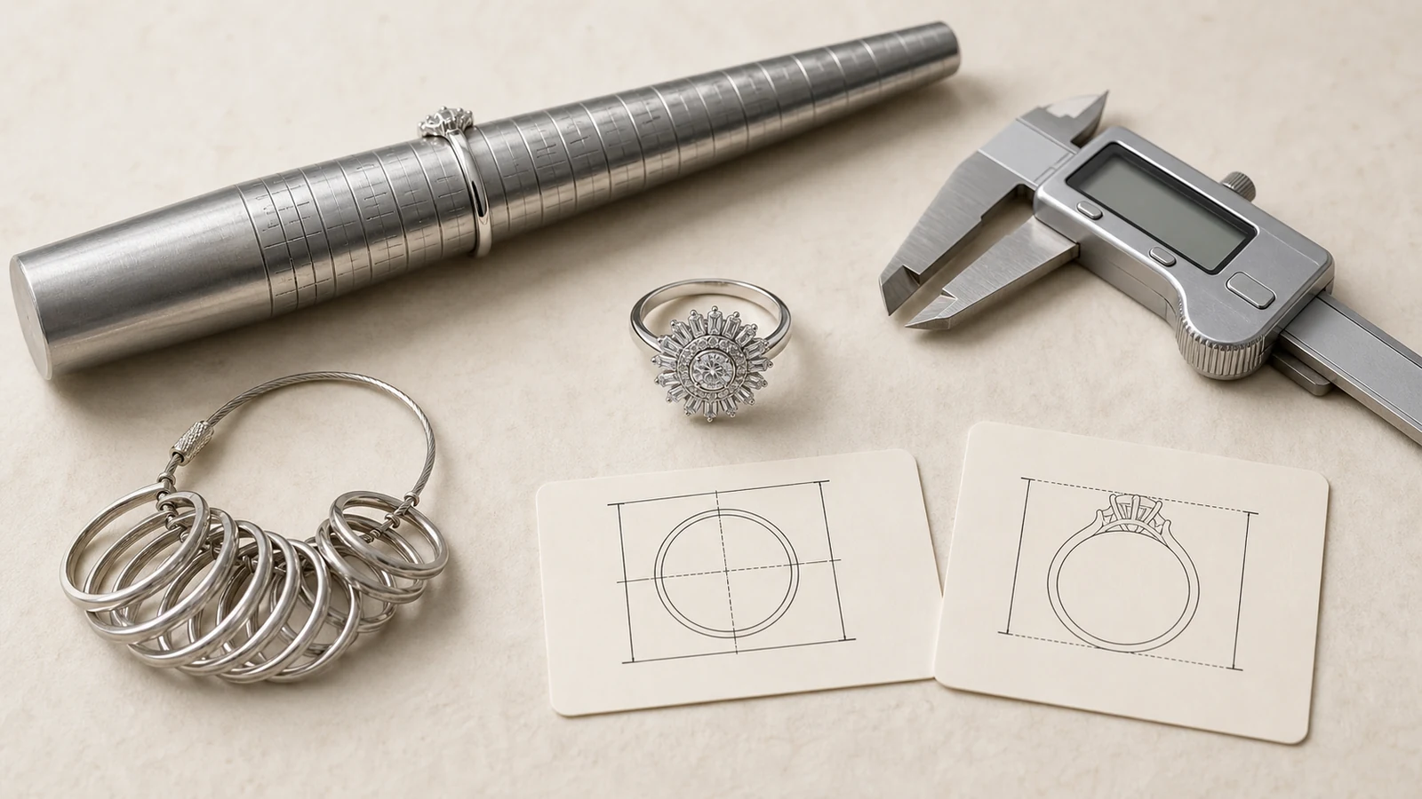 Generic sunburst ring with ring sizers caliper mandrel and measurement sketches