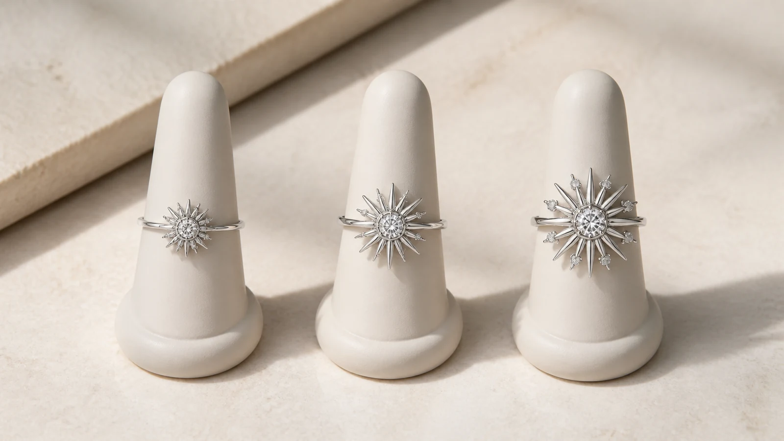 Three generic sunburst rings comparing compact medium and bold motif coverage