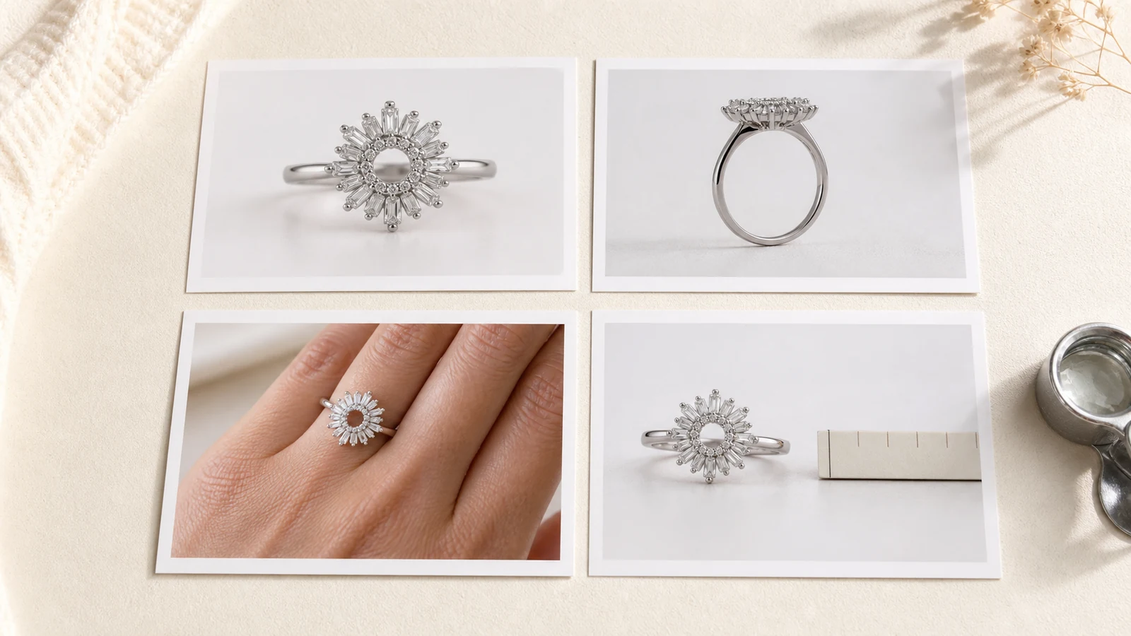Four generic ring views showing face profile hand context and scale reference