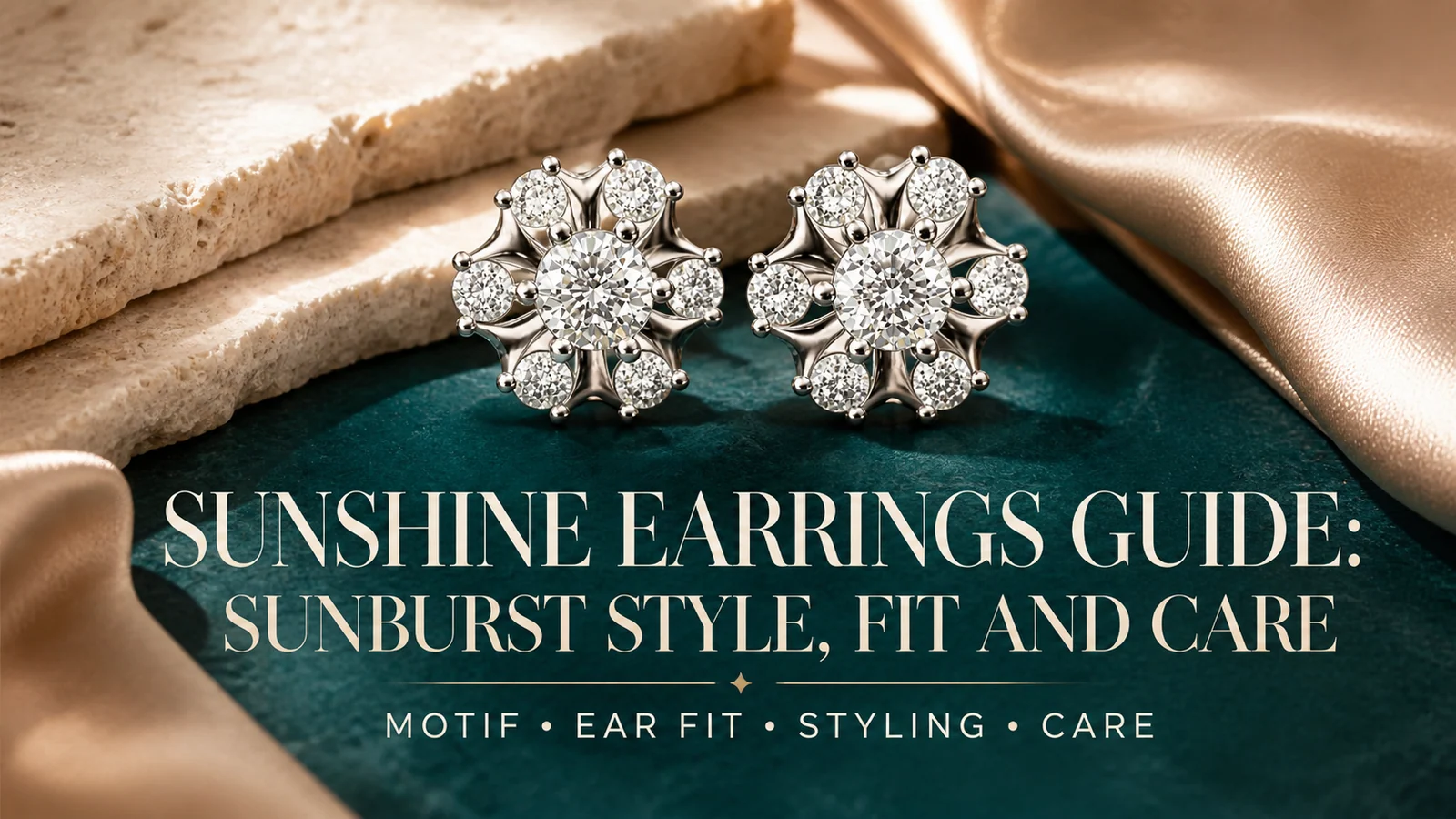 Sunshine earrings guide cover featuring the real Sunburst Halo Moissanite Stud Earrings