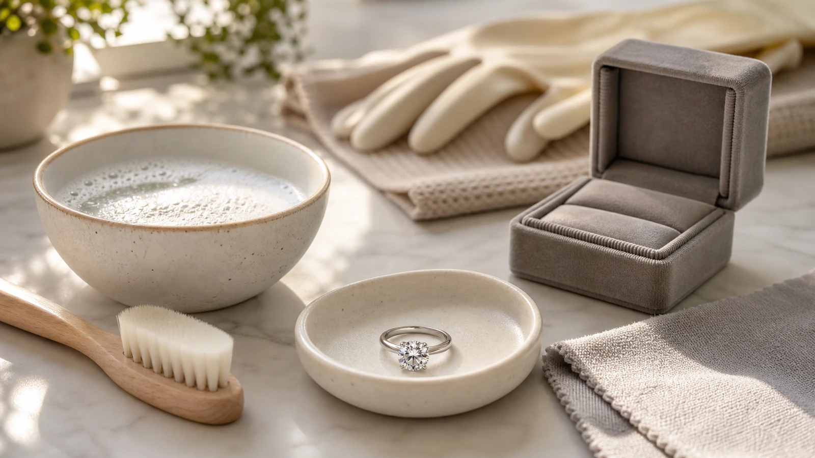 Moissanite engagement ring beside mild soap soft brush cloth and separate storage box