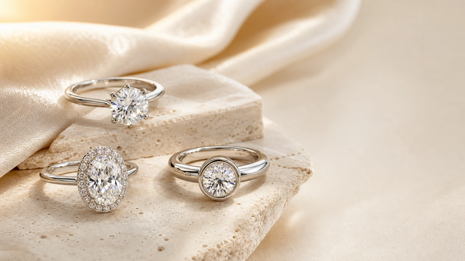 Three moissanite engagement ring styles arranged on ivory stone and champagne silk