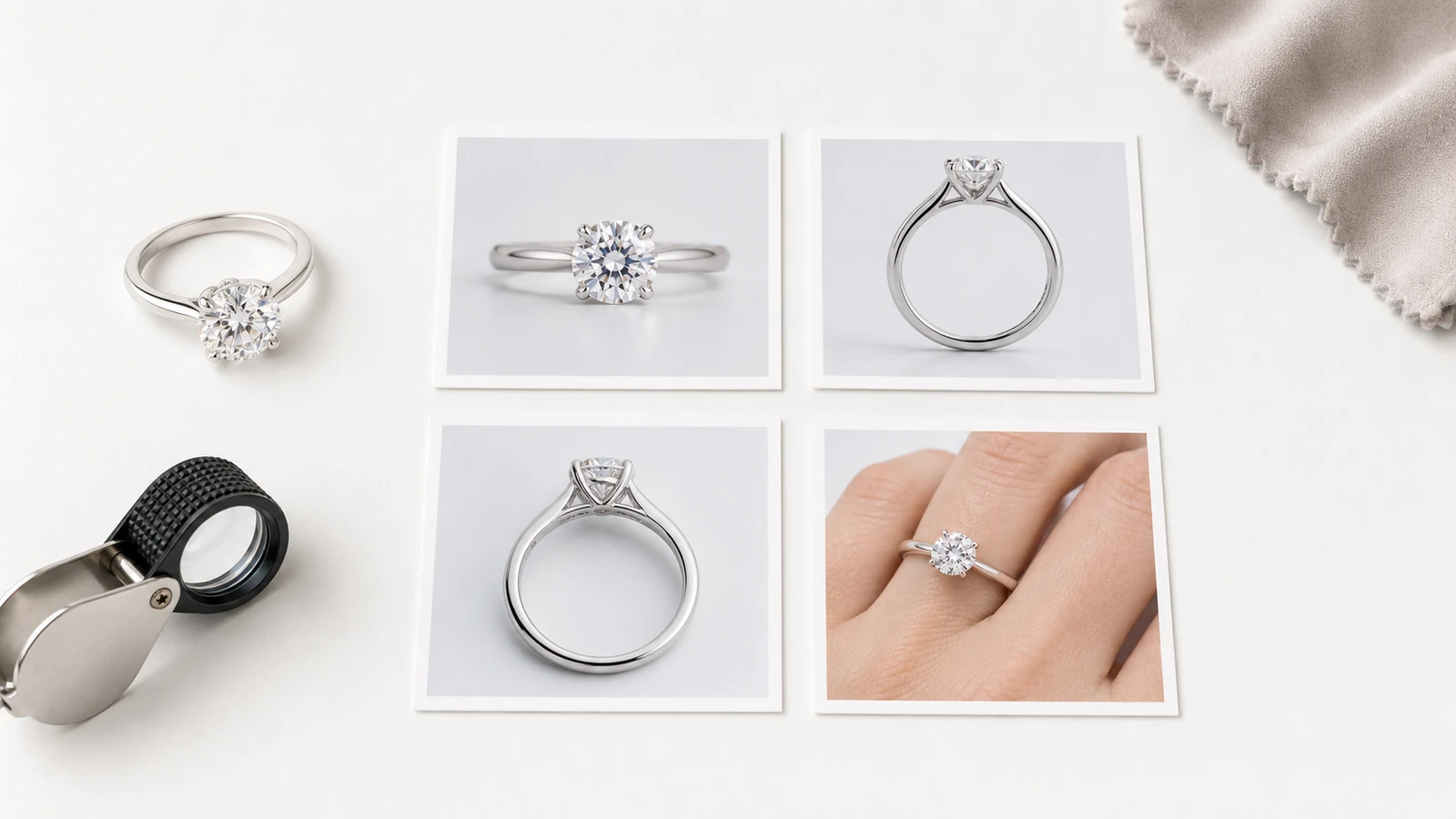 Engagement ring reviewed through front side gallery and hand scale product photographs