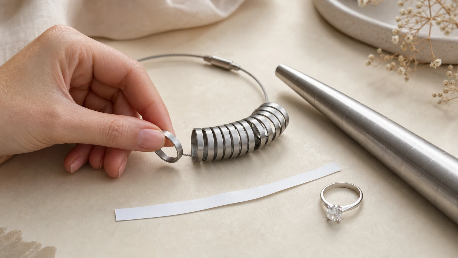 Ring sizer mandrel paper strip and moissanite engagement ring prepared for a size check