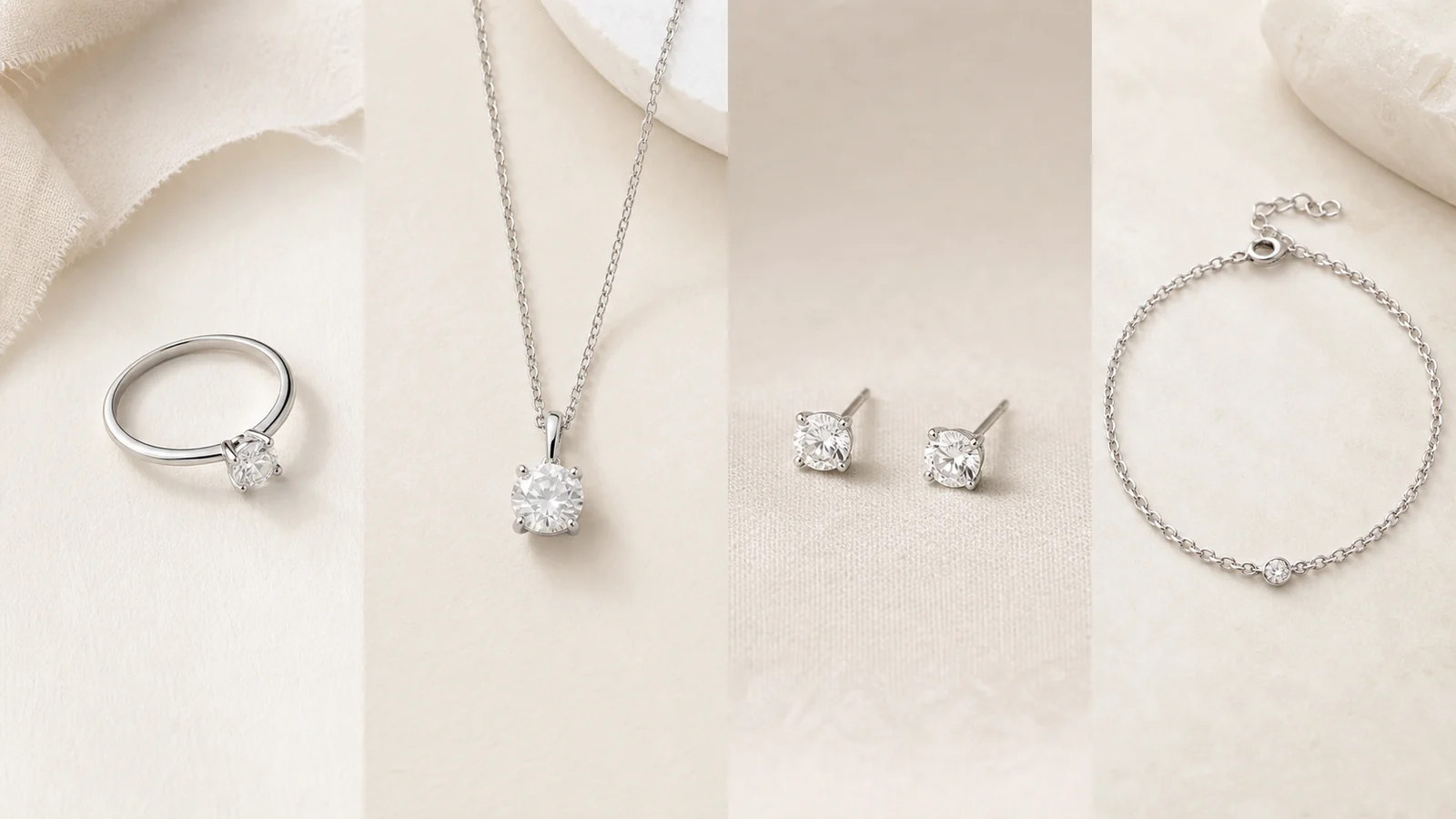Generic ring, necklace, earrings, and bracelet shown as four jewelry catalog categories