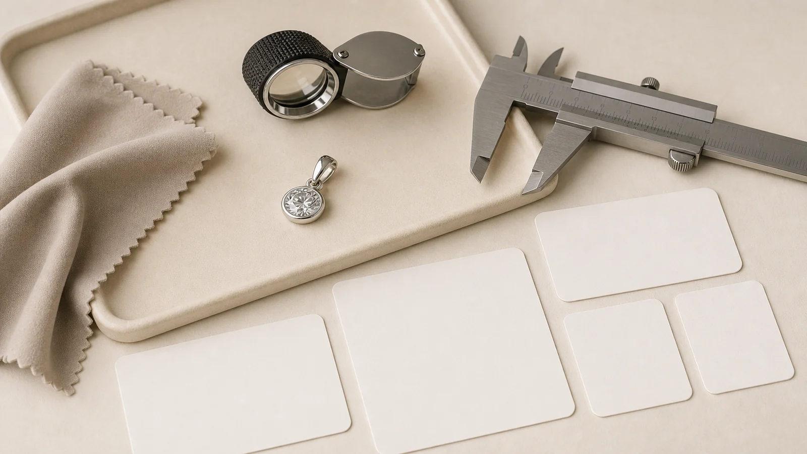 Generic pendant, loupe, measuring tool, cloth, and blank cards for detail checks
