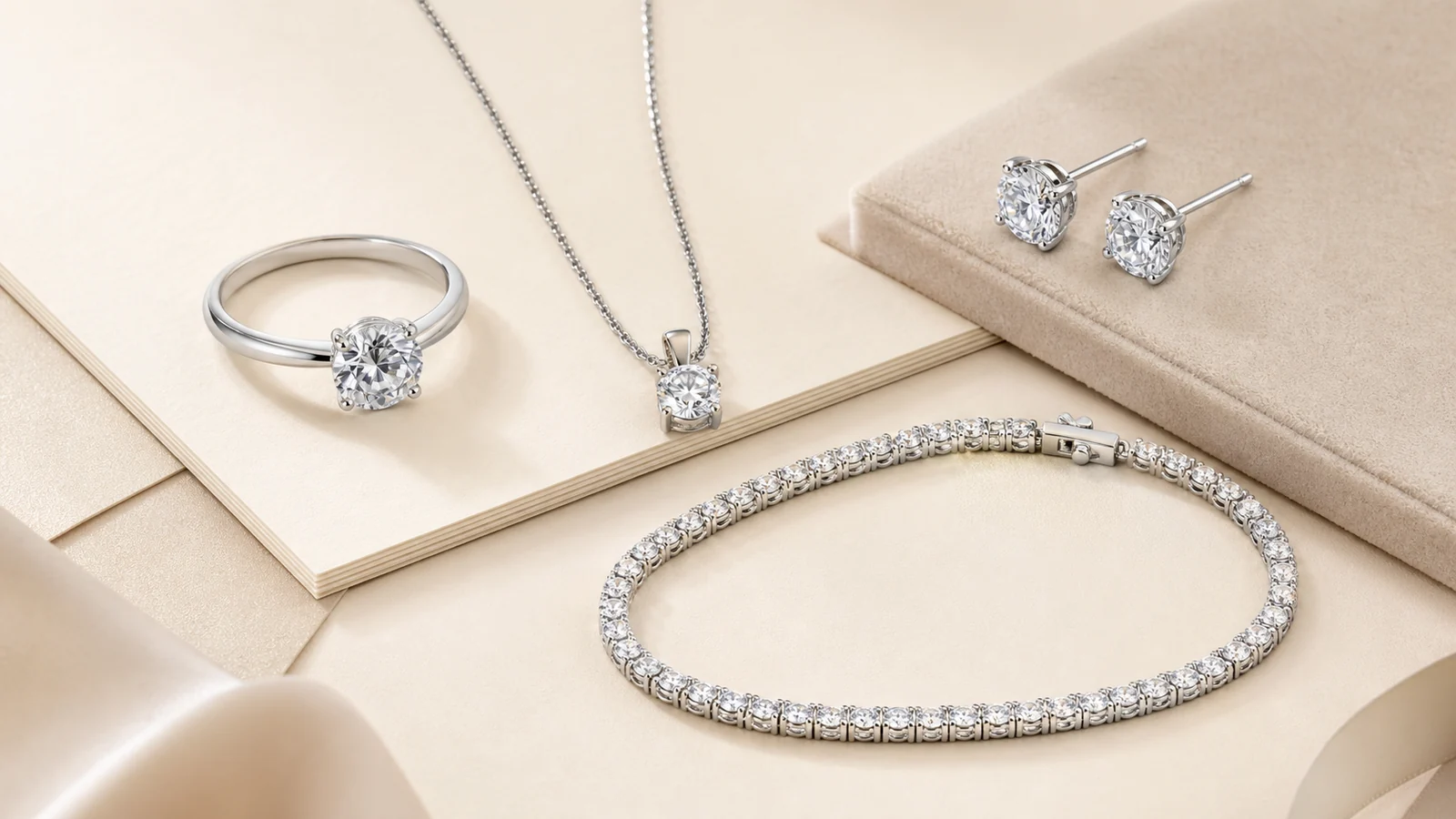 Generic ring, necklace, earrings, and bracelet arranged for a Sunshine Jewelry catalog guide