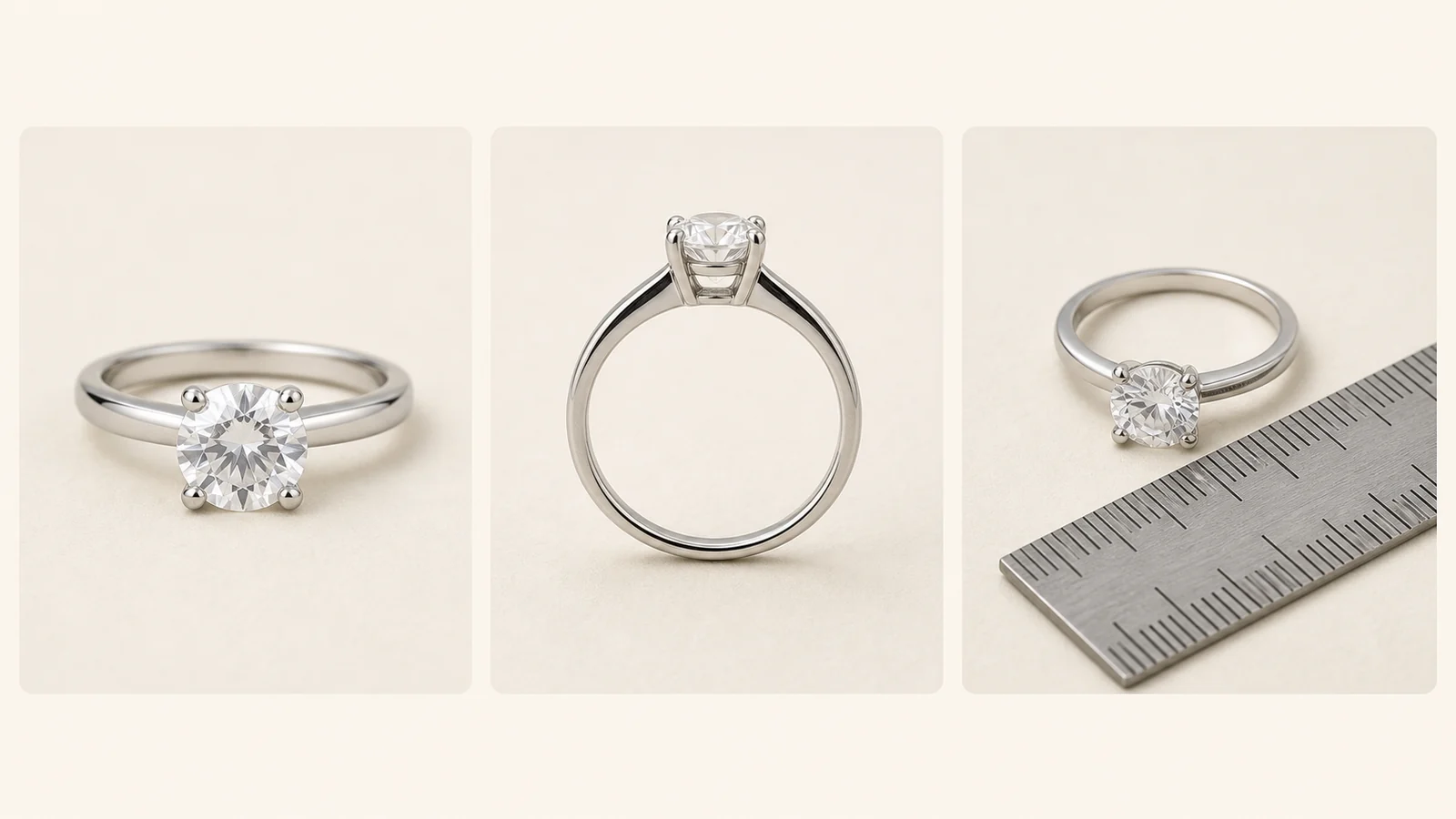 Generic ring shown from front, side, and scale-context views for photo evaluation
