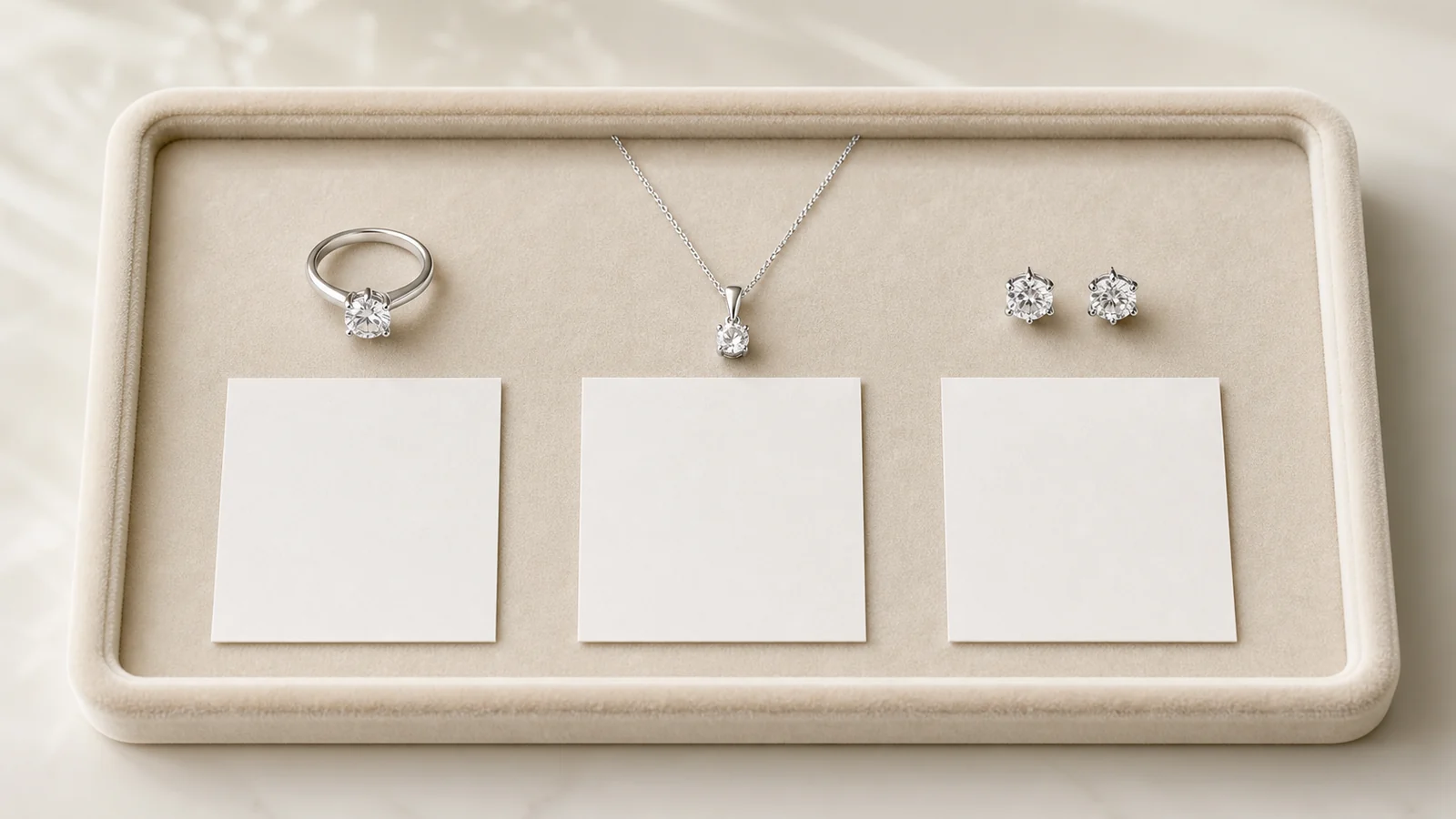 Generic ring, pendant, and stud earrings arranged with blank comparison cards
