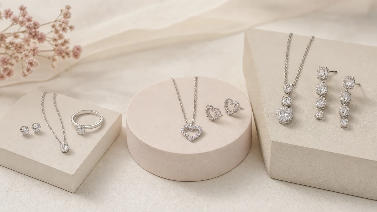 Generic everyday, romantic, and statement jewelry groups on neutral display blocks