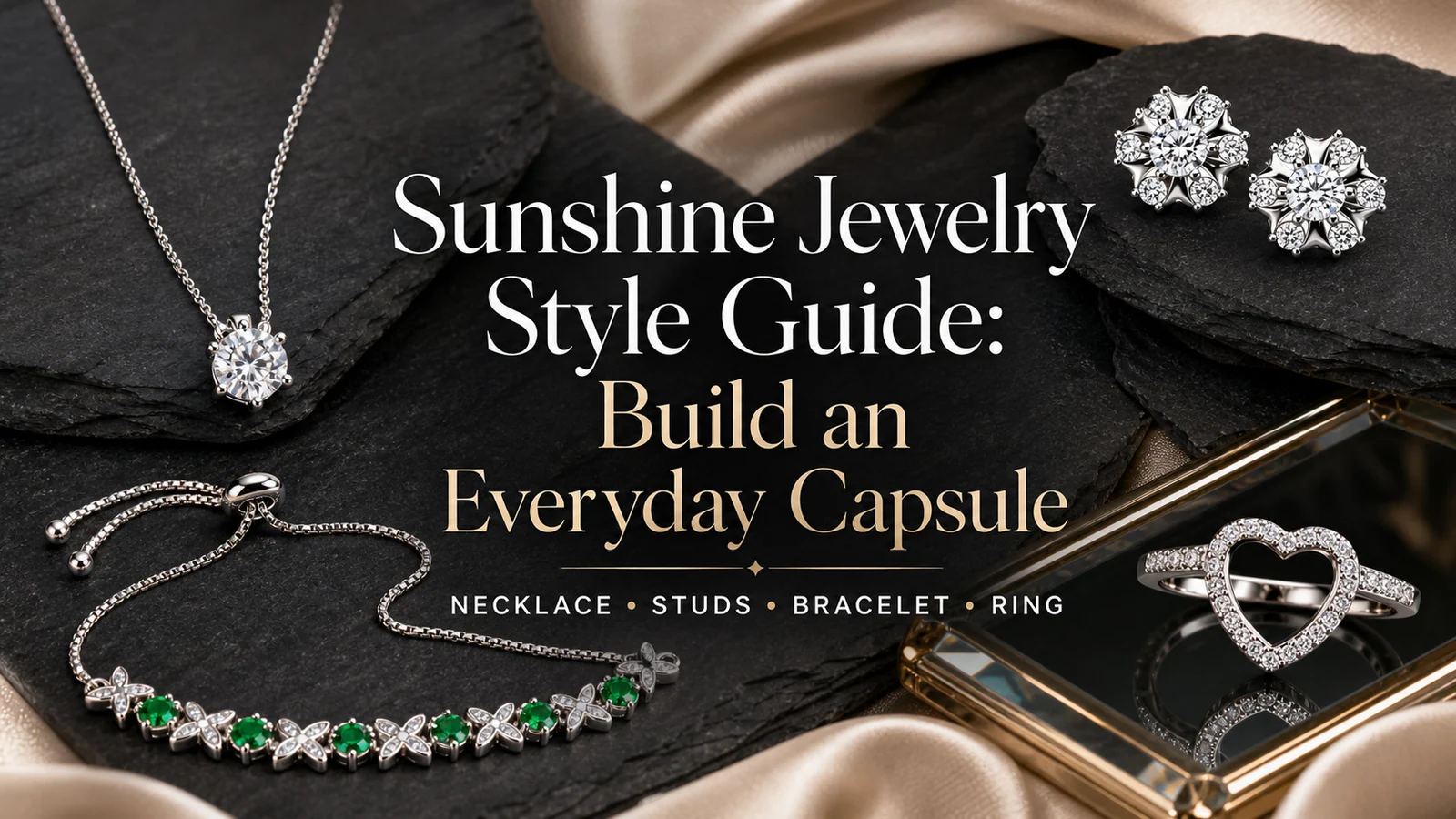 Sunshine Jewelry everyday capsule with a six-prong necklace, sunburst studs, clover bracelet and heart halo ring