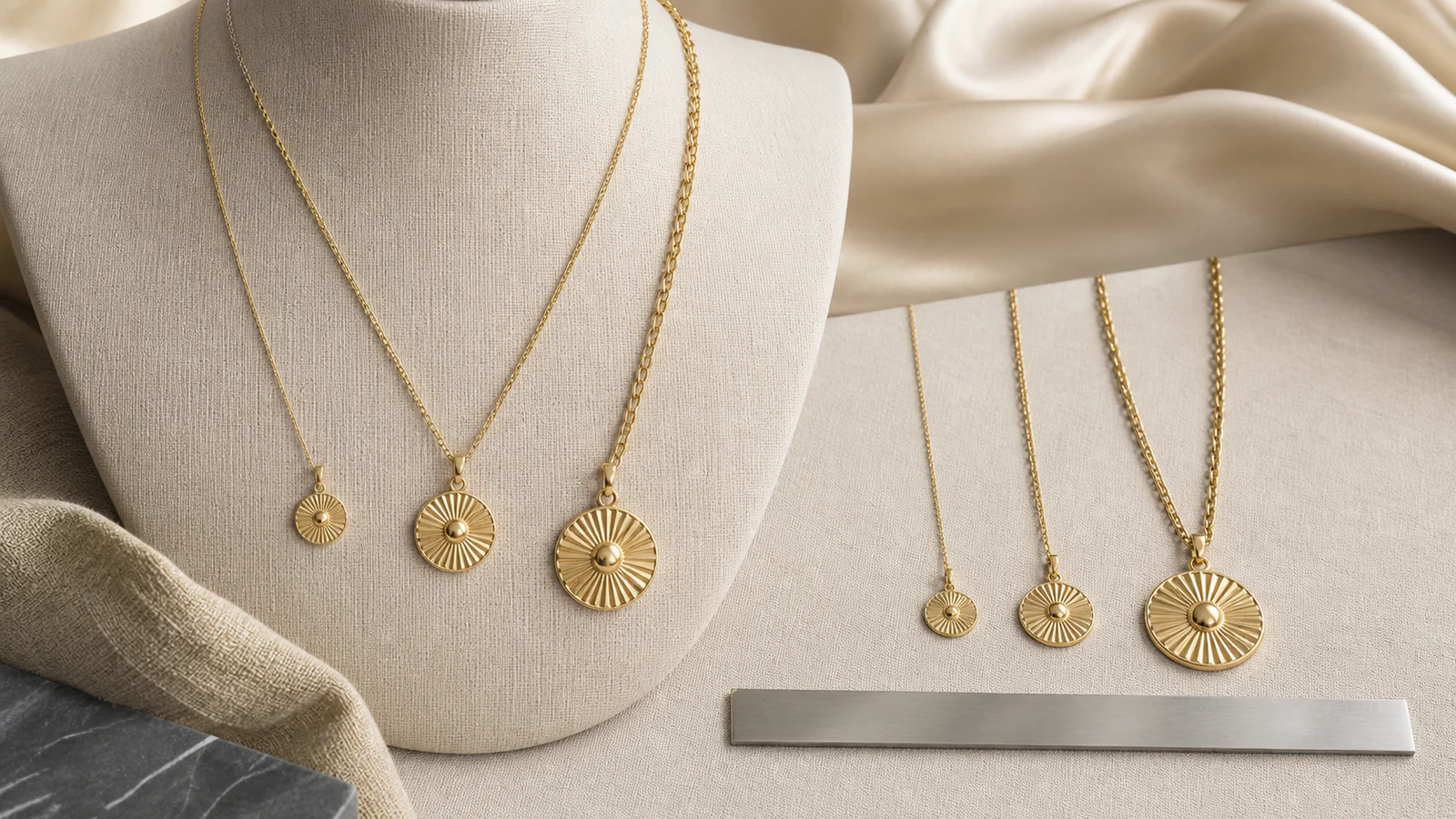 Small, medium and large sun disc pendants paired with balanced chain weights