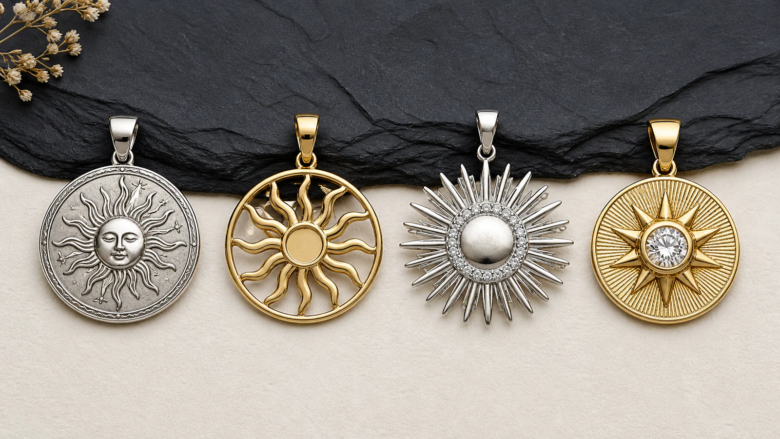 Four sunshine pendant styles including engraved disc, openwork sun, sunburst and center-stone designs