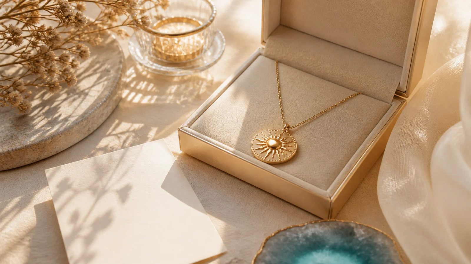 Gold sunshine disc pendant in an open jewelry box in warm morning light