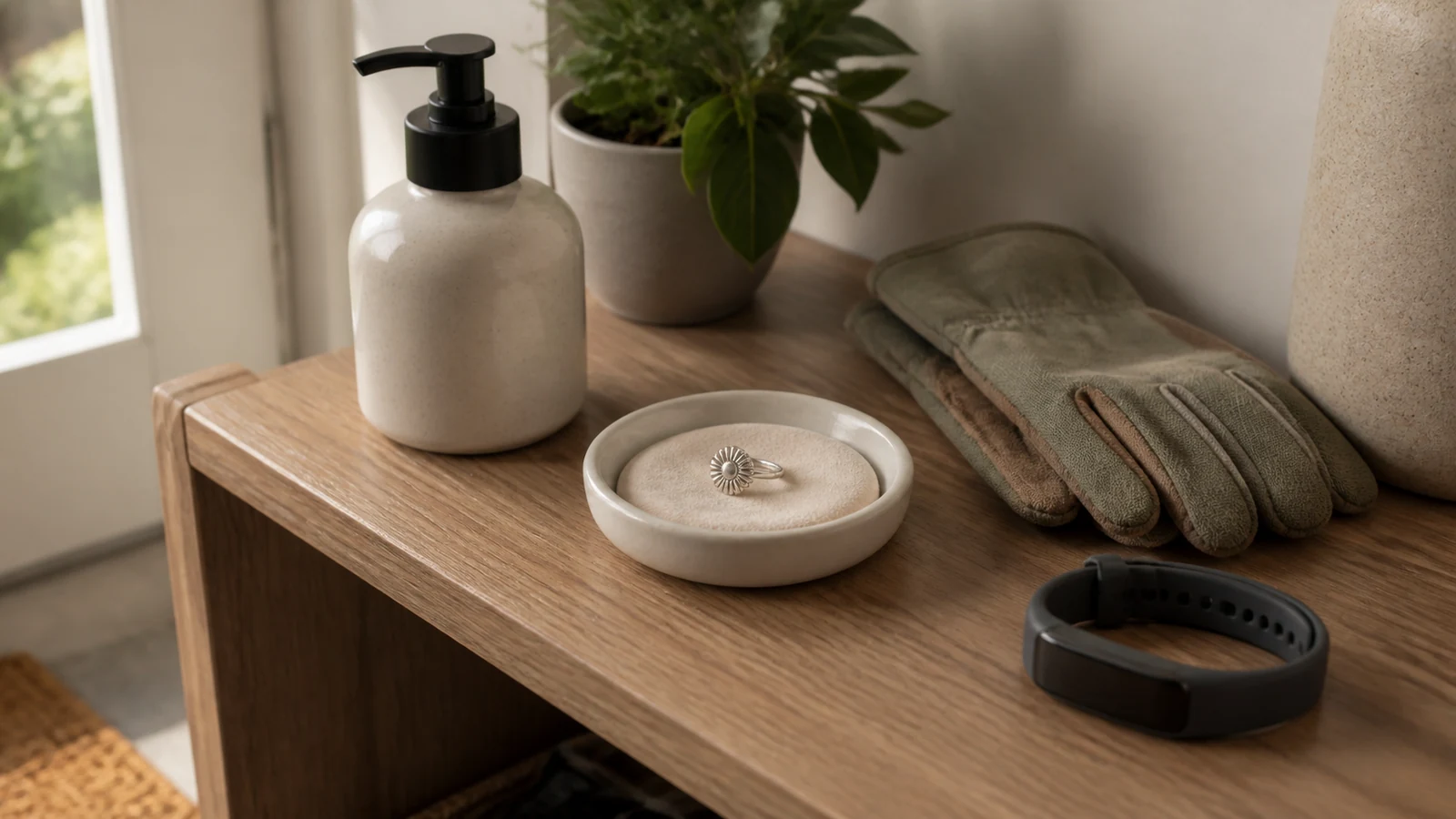Generic sunburst ring in a padded dish beside lotion, household gloves, and an exercise band