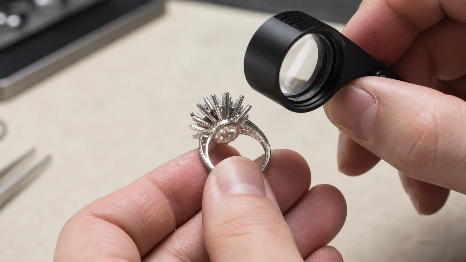 Jeweler inspecting the underside and setting of a generic sunburst-inspired ring before cleaning