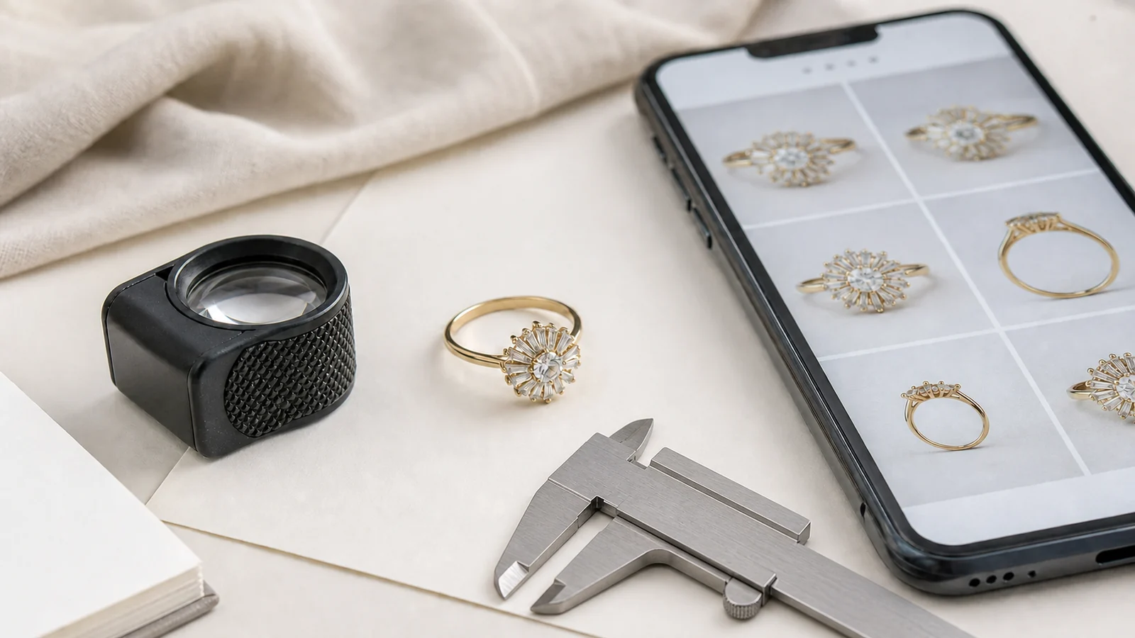Generic radiant ring with unbranded phone views, loupe, and unmarked caliper