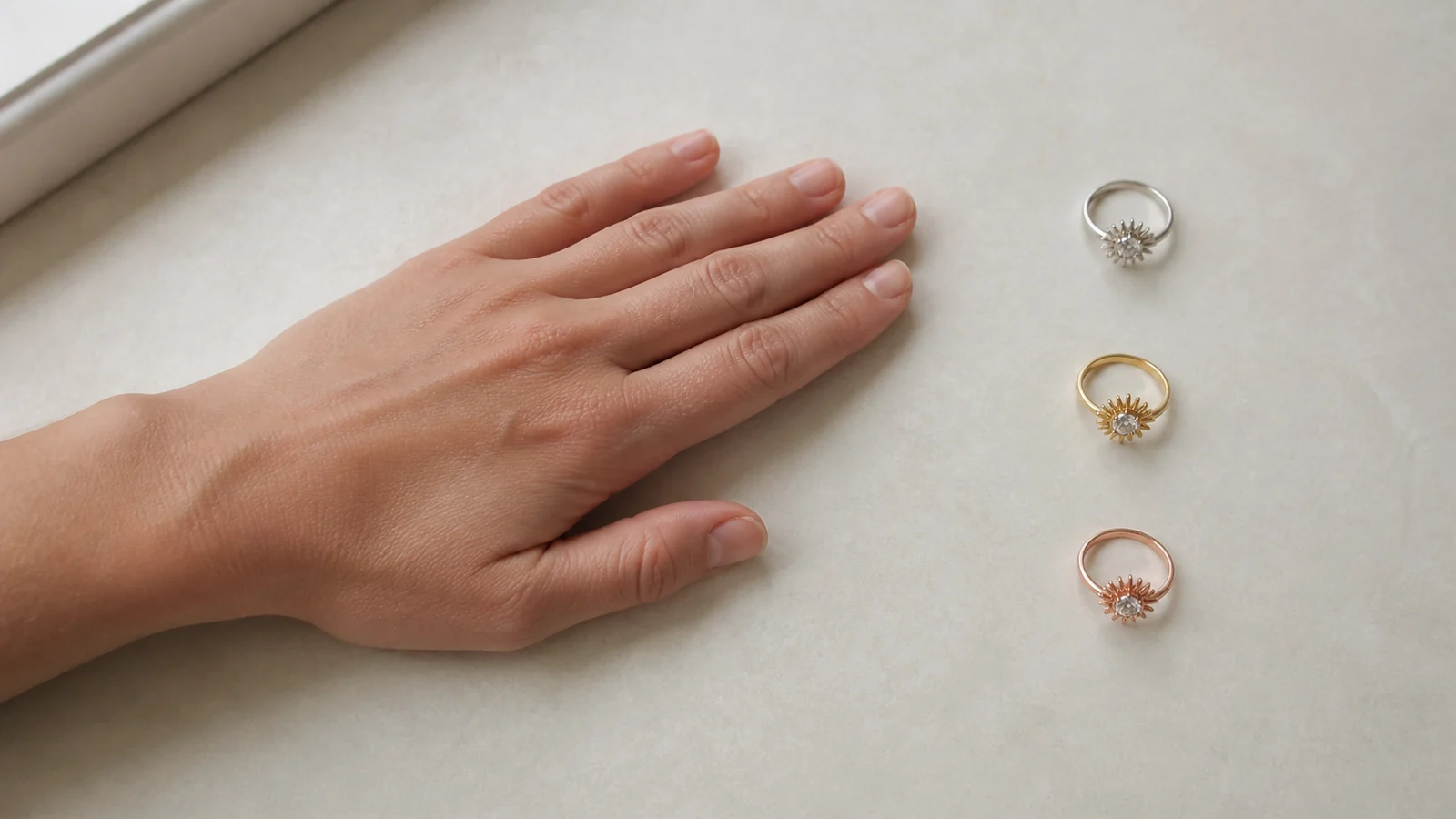 Adult hand beside generic white, yellow, and rose-tone sunshine rings in daylight